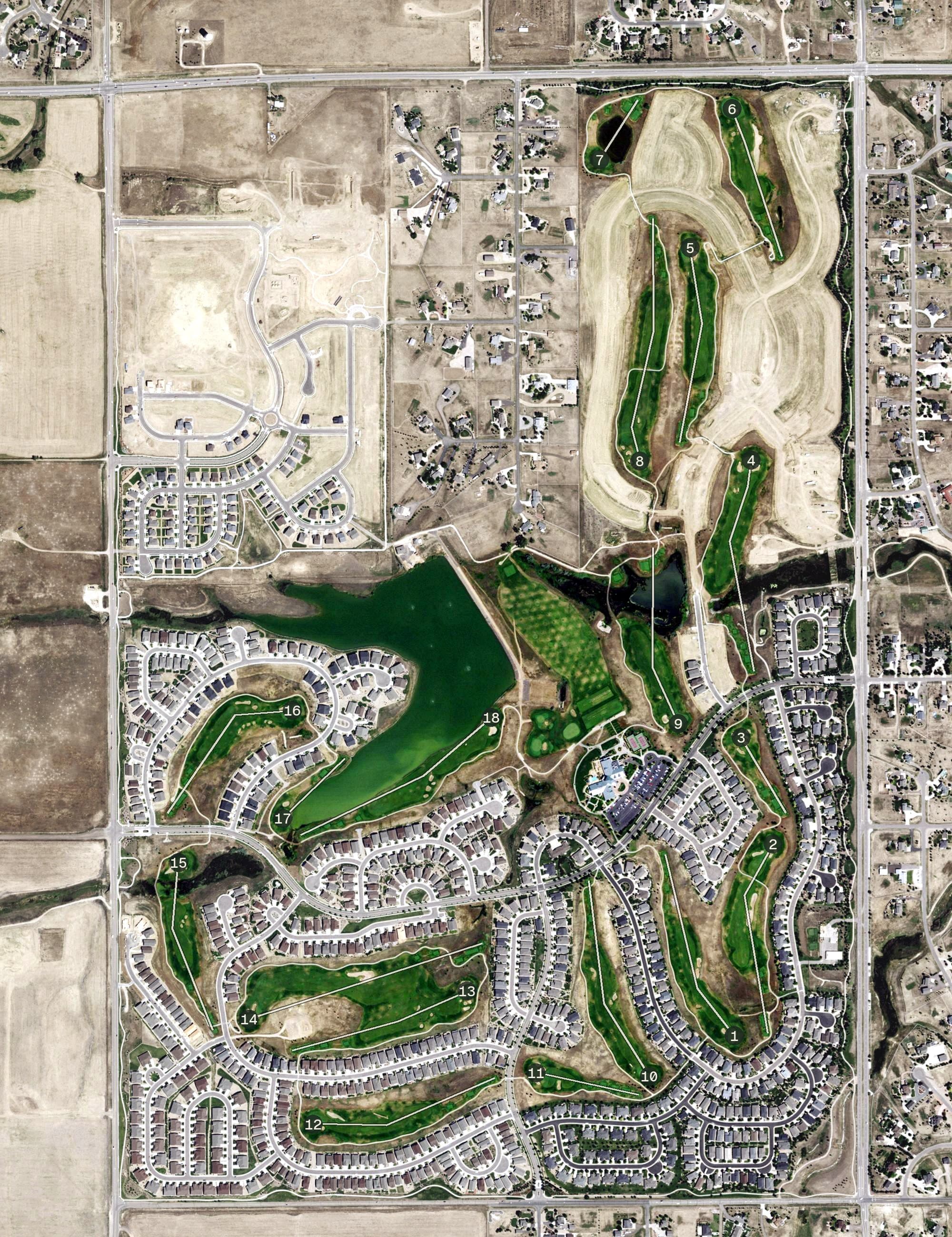 Aerial view of Todd Creek Golf Club, CO, with its hole routing marked