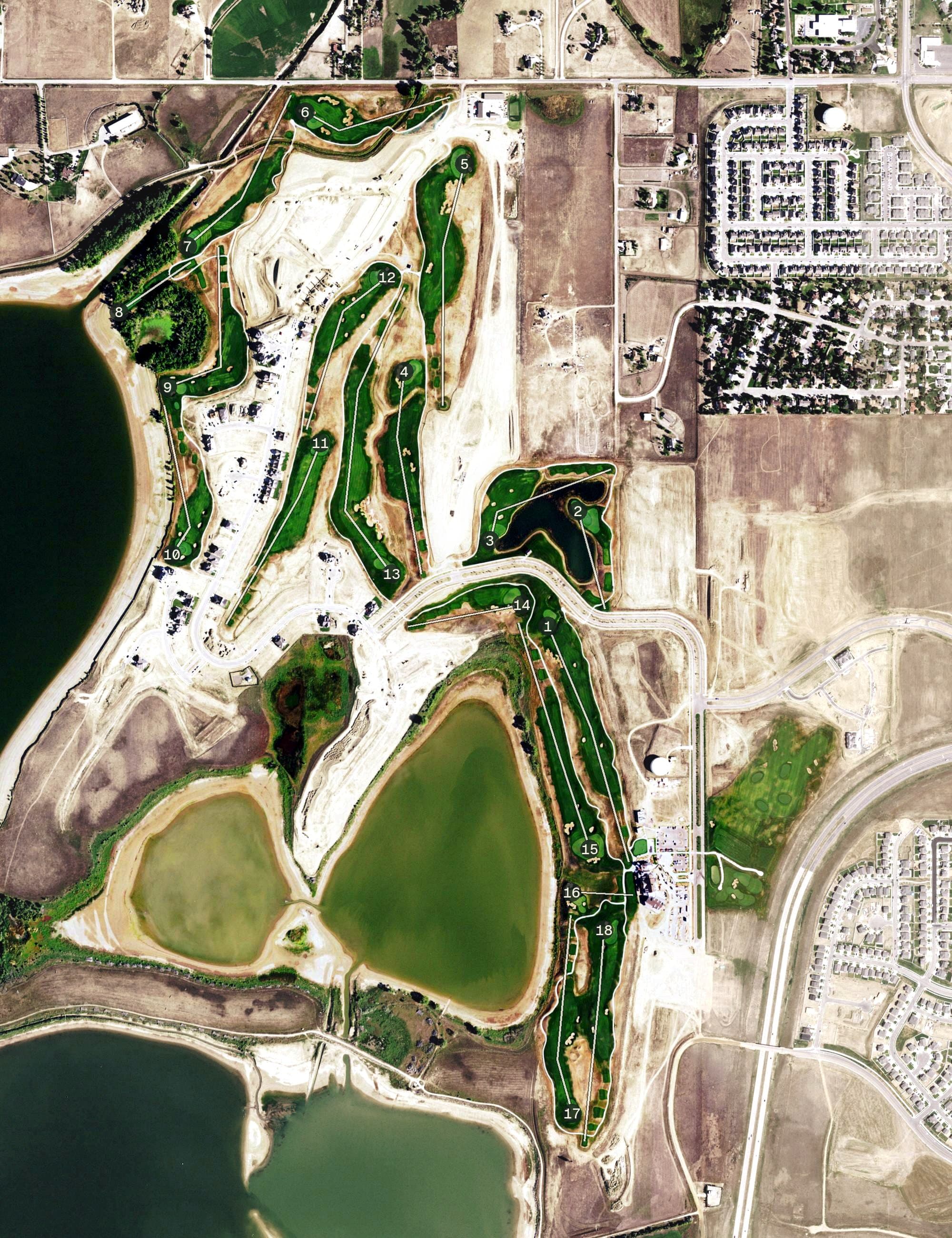 Aerial view of TPC Colorado, CO, with its hole routing marked