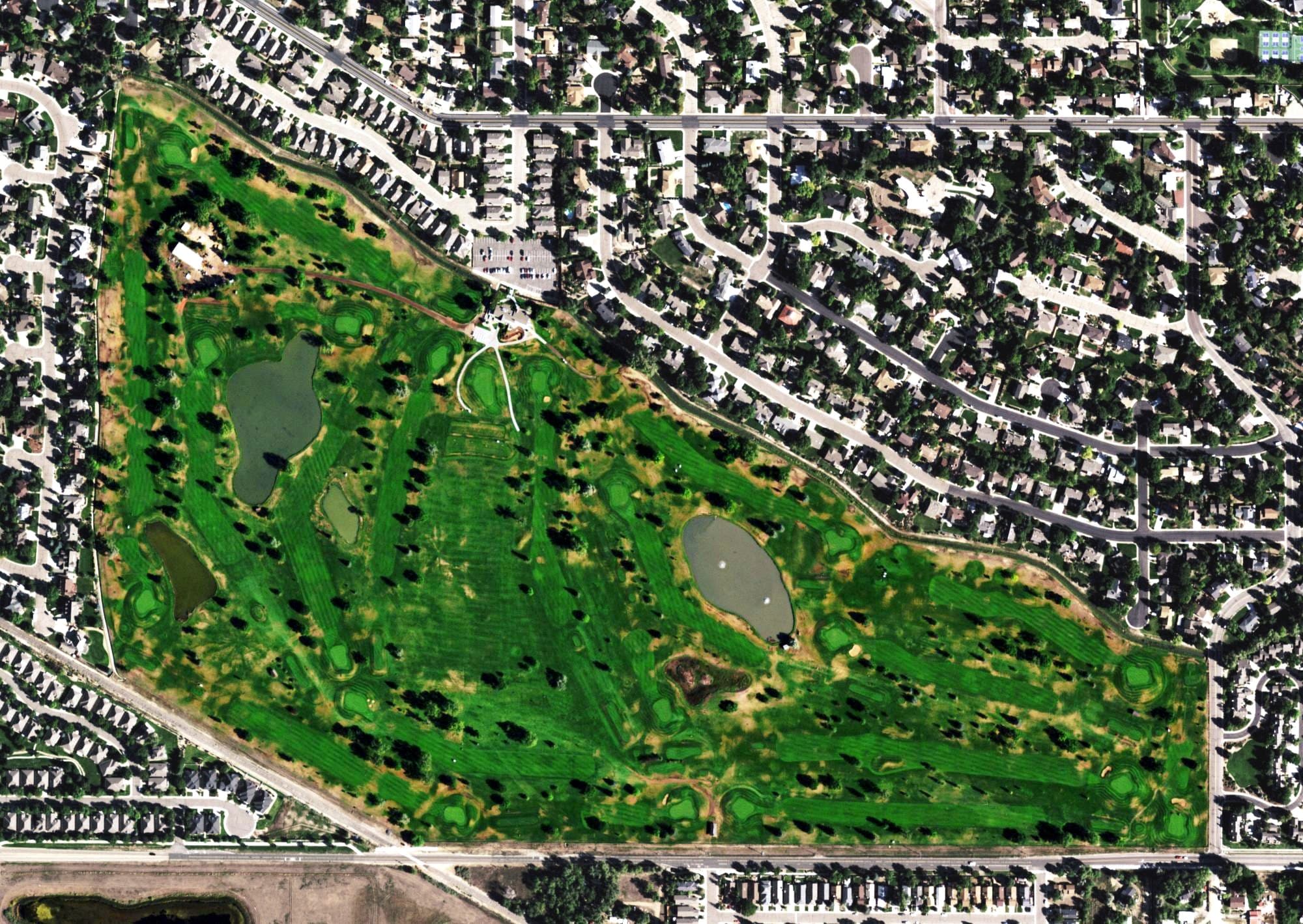 Aerial view of Twin Peaks Golf Course, CO, with its hole routing marked