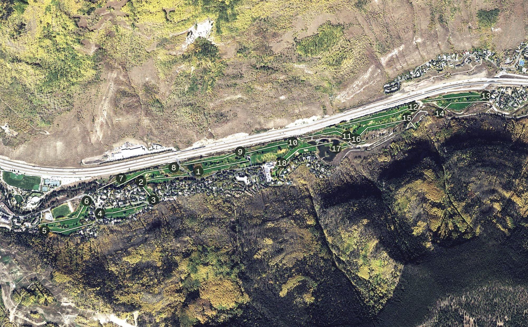 Aerial view of Vail Golf Course, CO, with its hole routing marked
