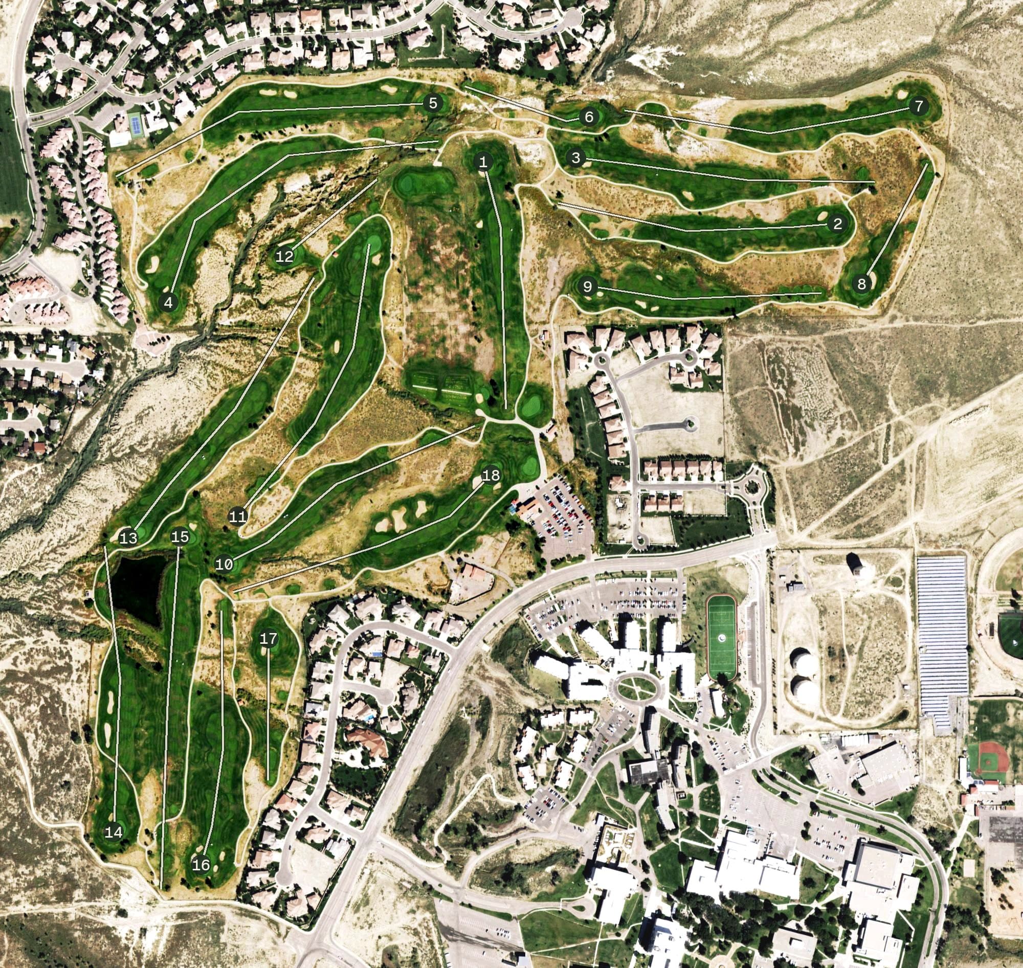 Aerial view of Walking Stick Golf Course, CO, with its hole routing marked