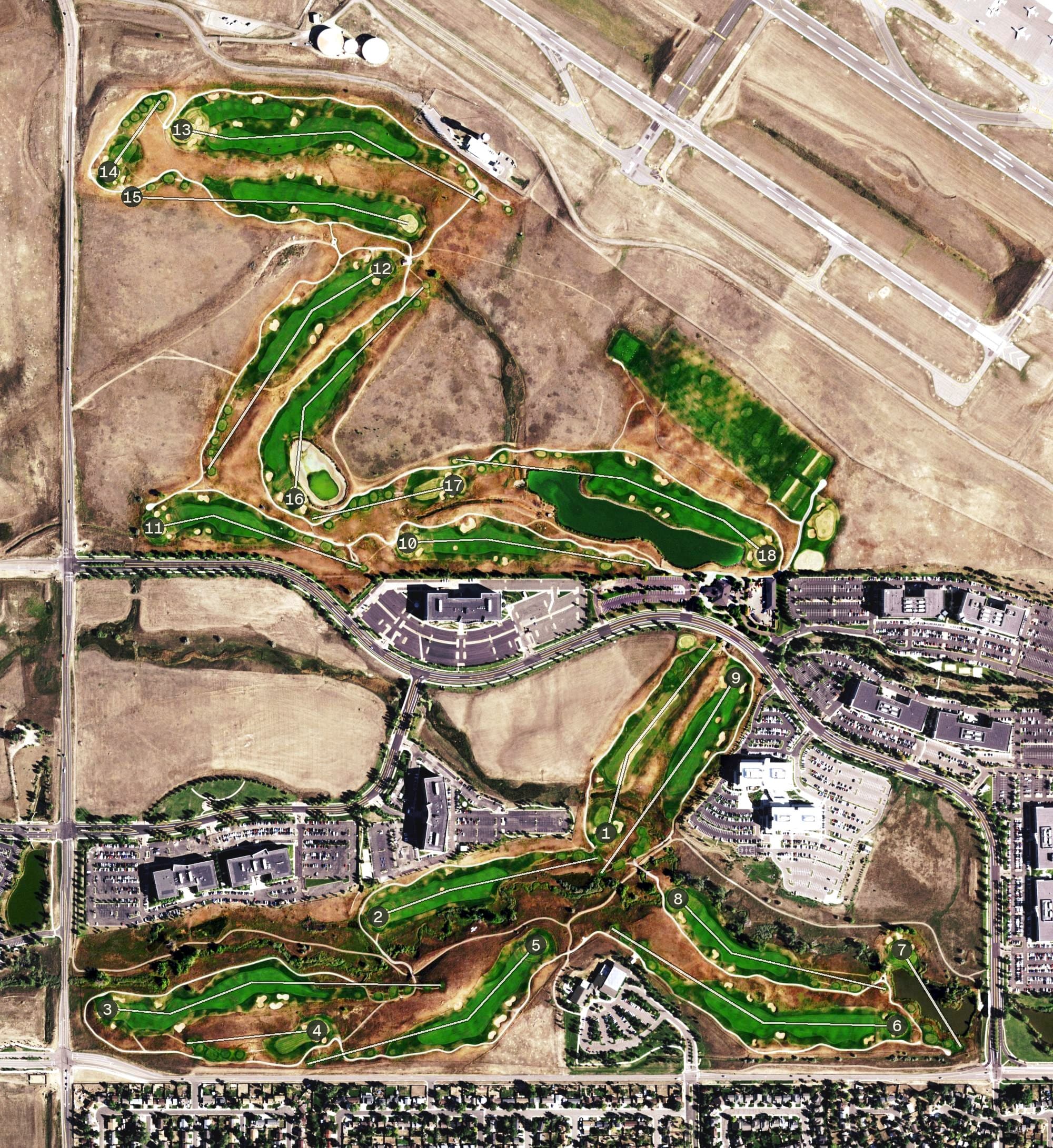 Aerial view of Walnut Creek Golf Preserve, CO, with its hole routing marked