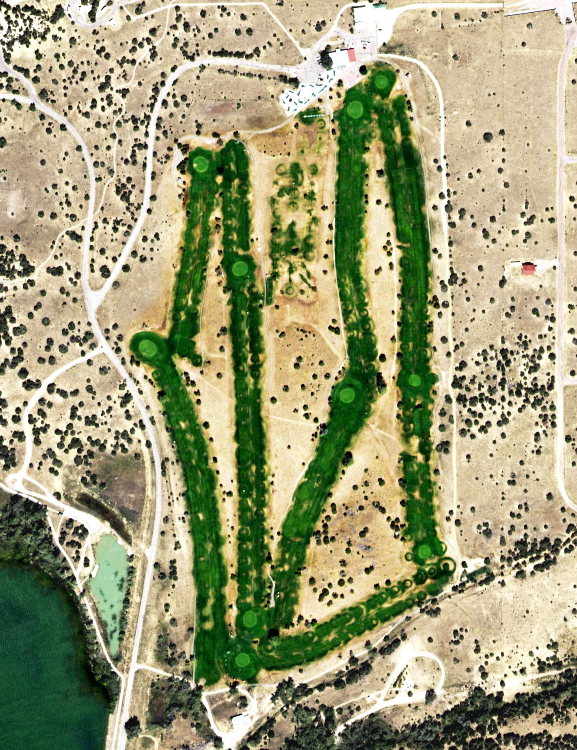 Aerial view of Walsenburg Golf Course, CO, with its hole routing marked