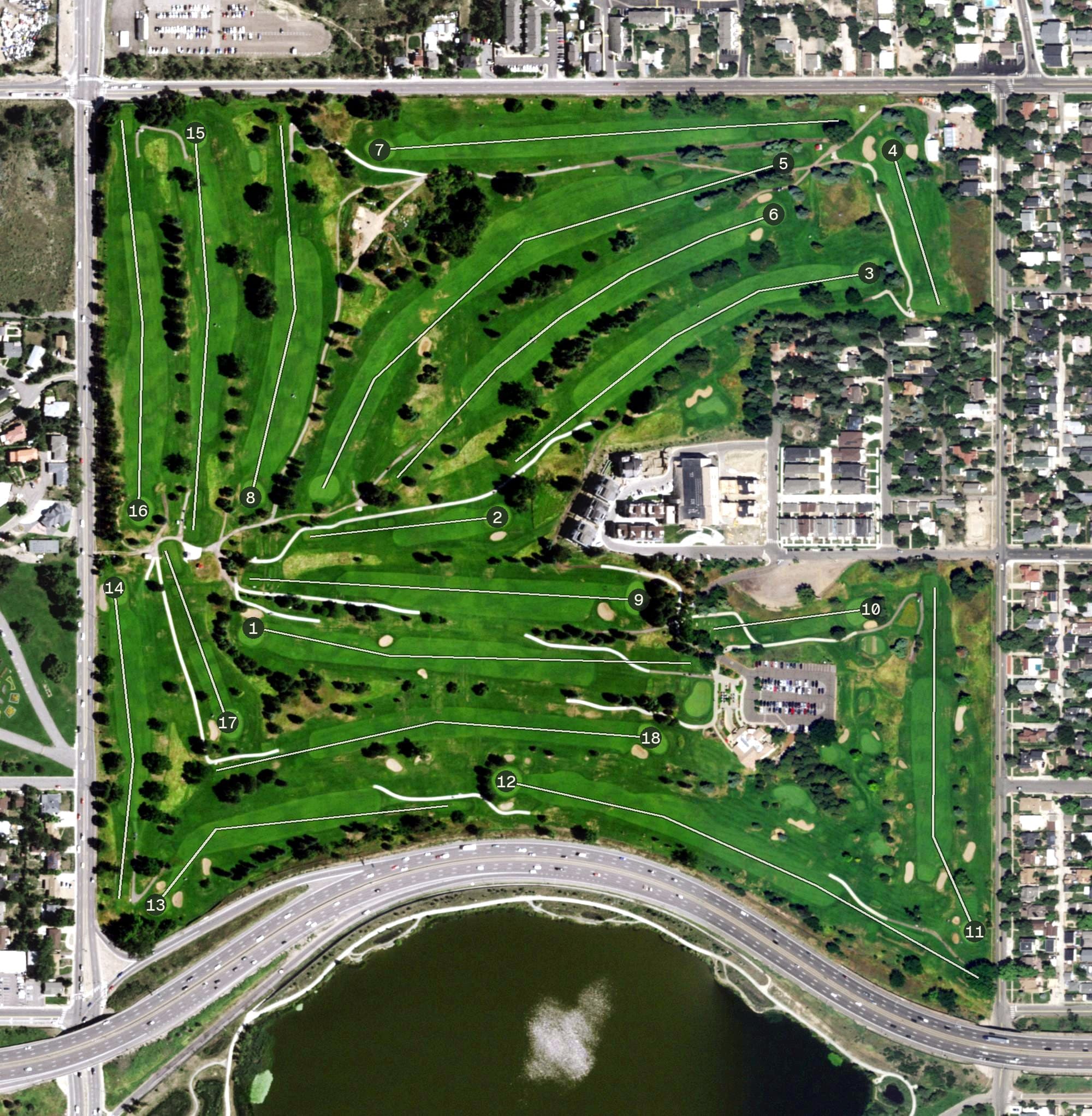 Aerial view of Willis Case Golf Course, CO, with its hole routing marked