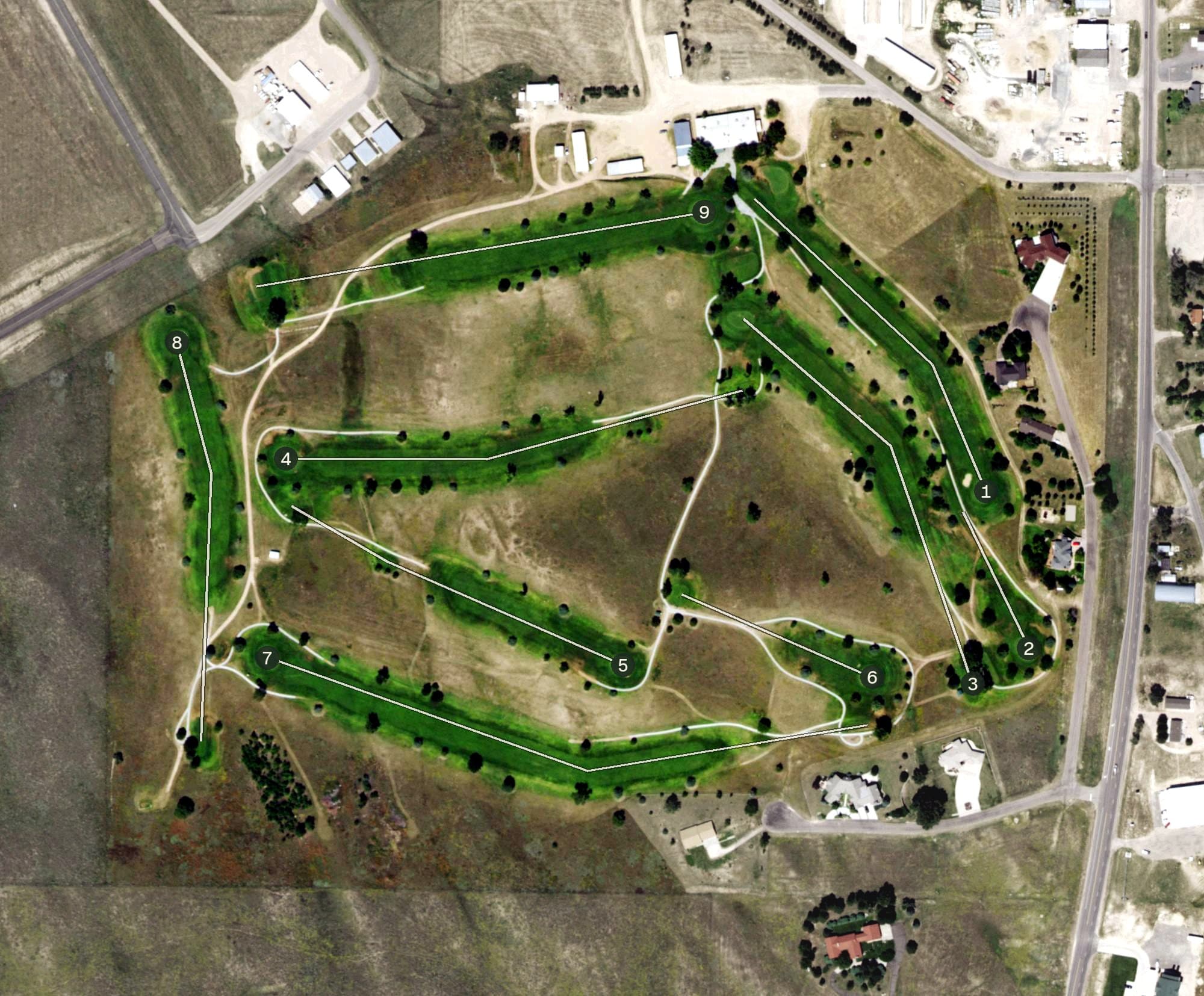 Aerial view of Wray Golf Course, CO, with its hole routing marked