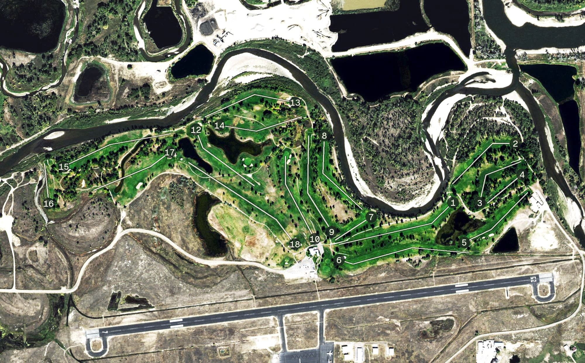 Aerial view of Yampa Valley Golf Club, CO, with its hole routing marked