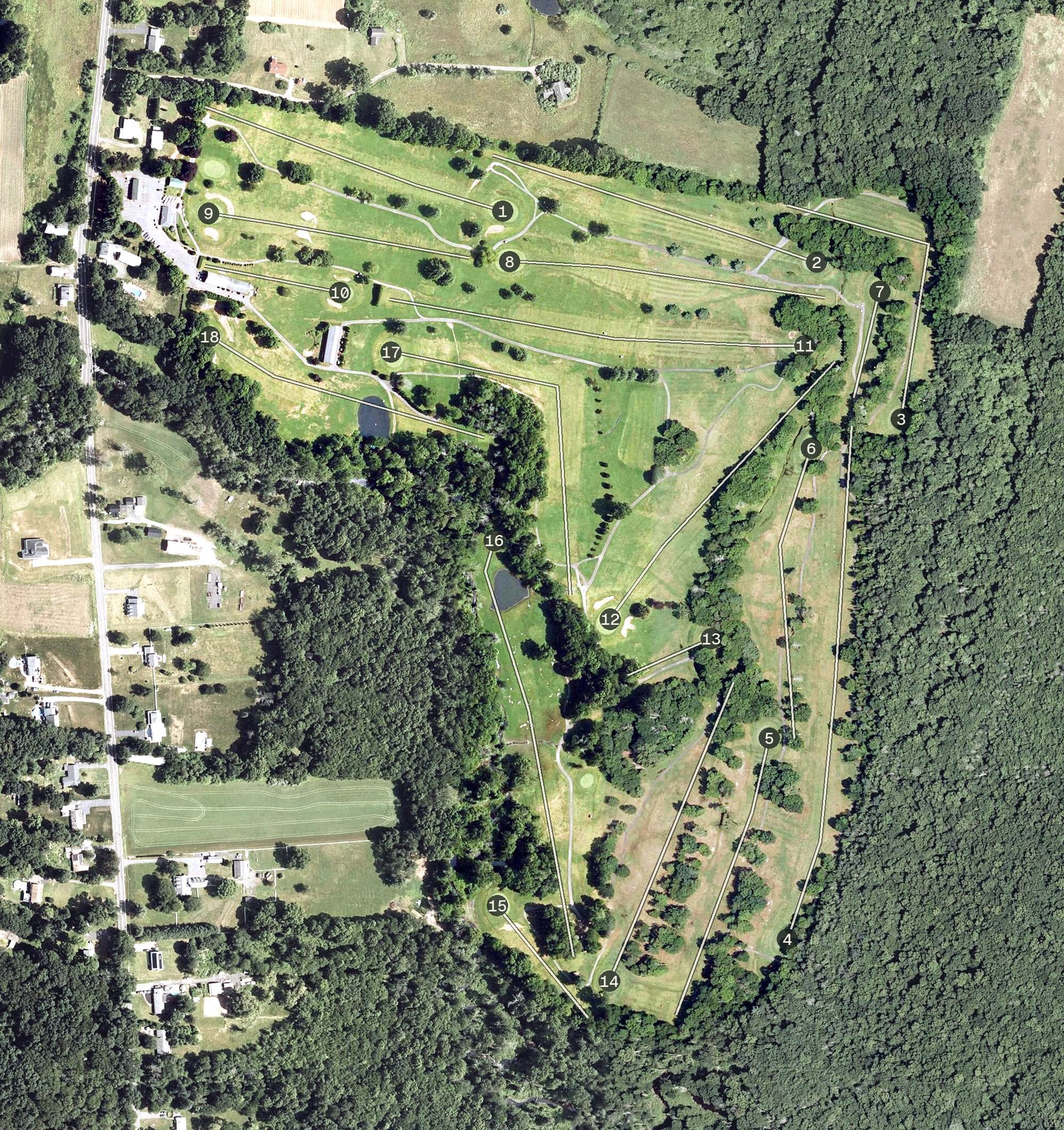 Aerial view of Airways Golf Course, CT, with its hole routing marked