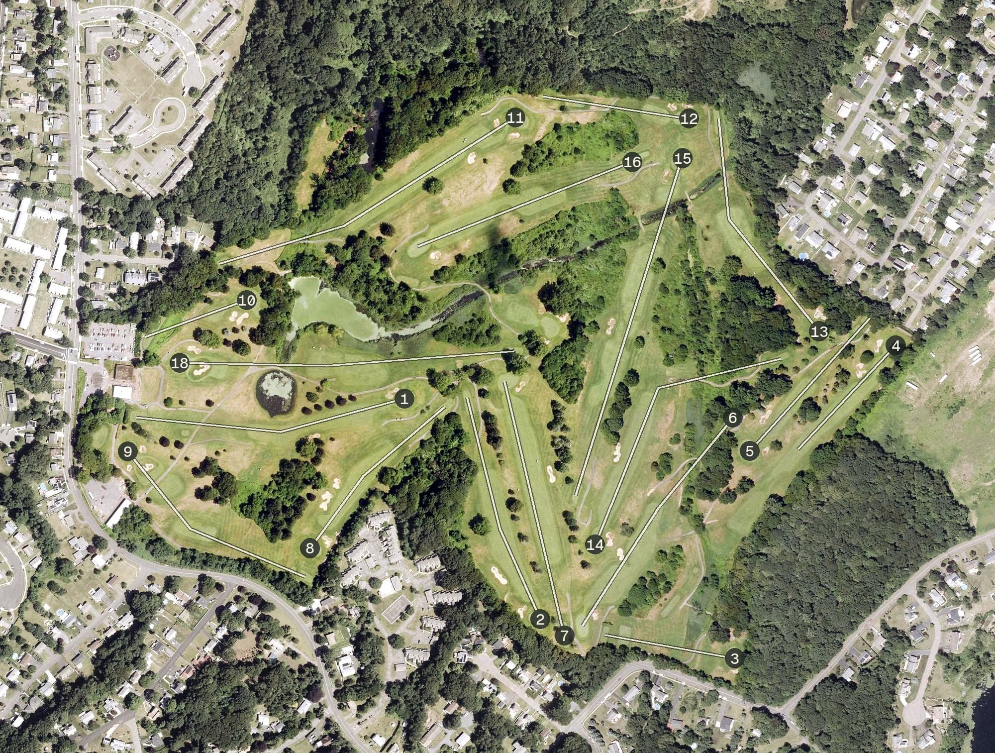 Aerial view of Alling Memorial Golf Course, CT, with its hole routing marked