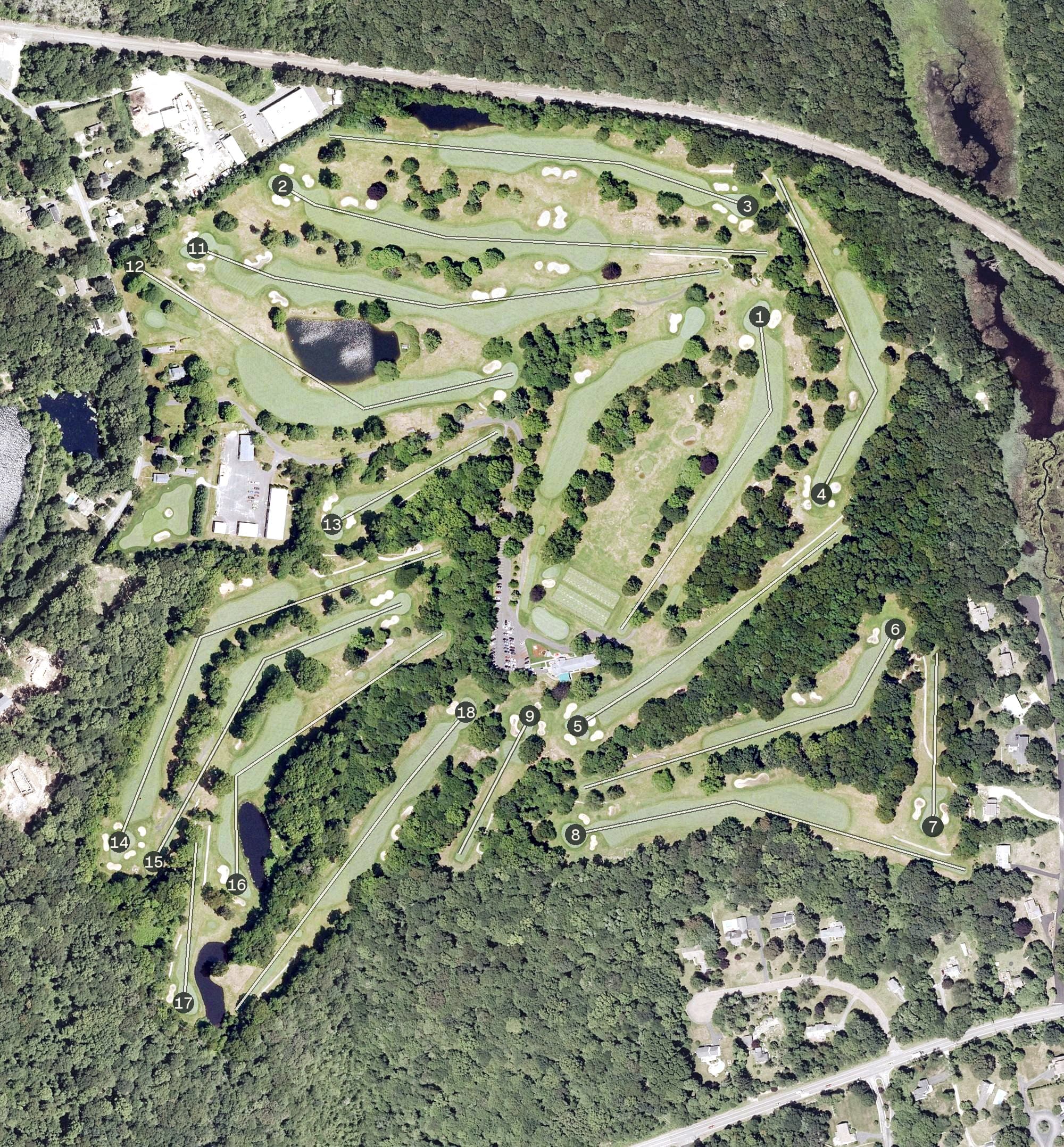 Aerial view of Black Hall Club, CT, with its hole routing marked