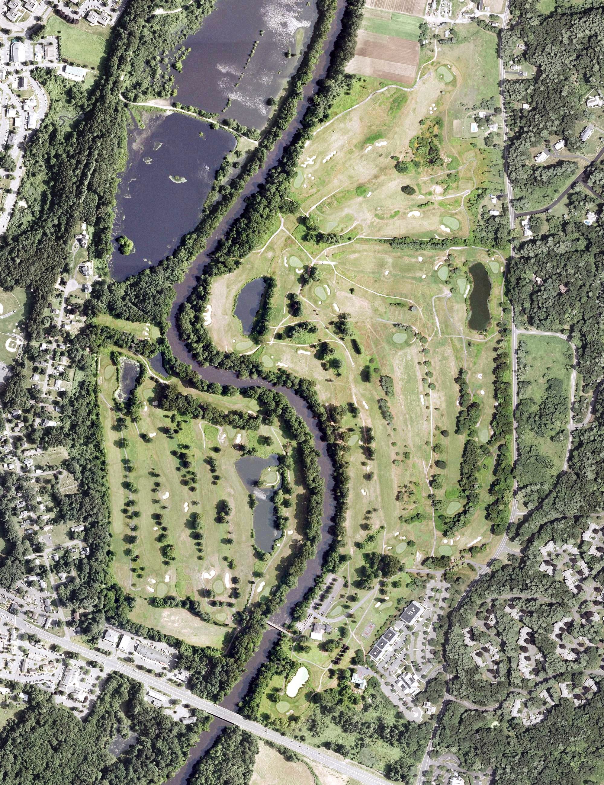 Aerial view of Blue Fox Run Golf Course, CT, with its hole routing marked