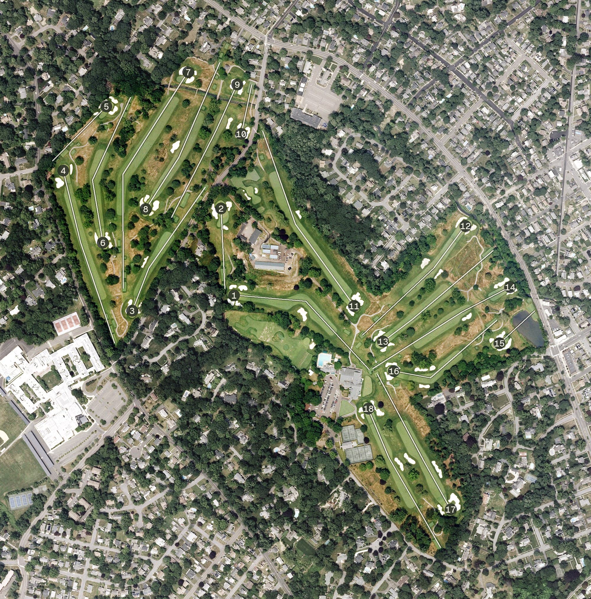 Aerial view of Brooklawn Country Club, CT, with its hole routing marked