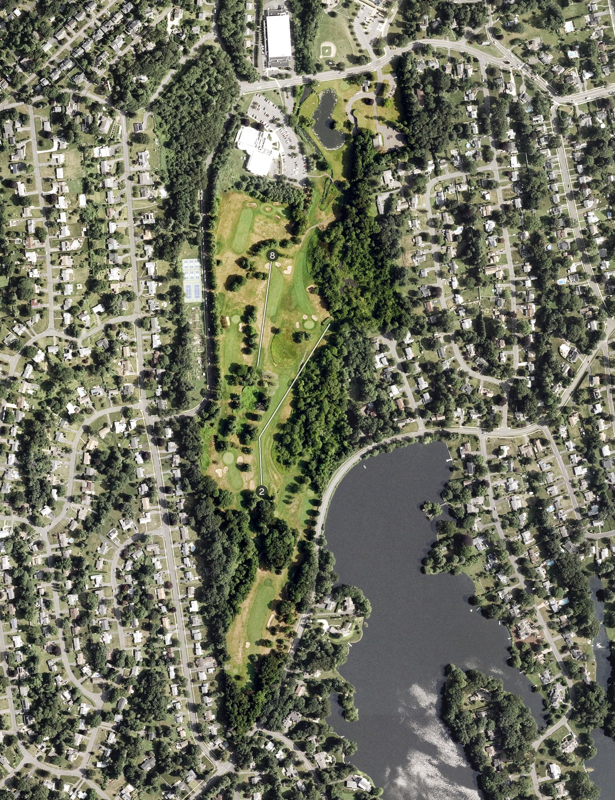 Aerial view of Buena Vista Golf Course, CT, with its hole routing marked
