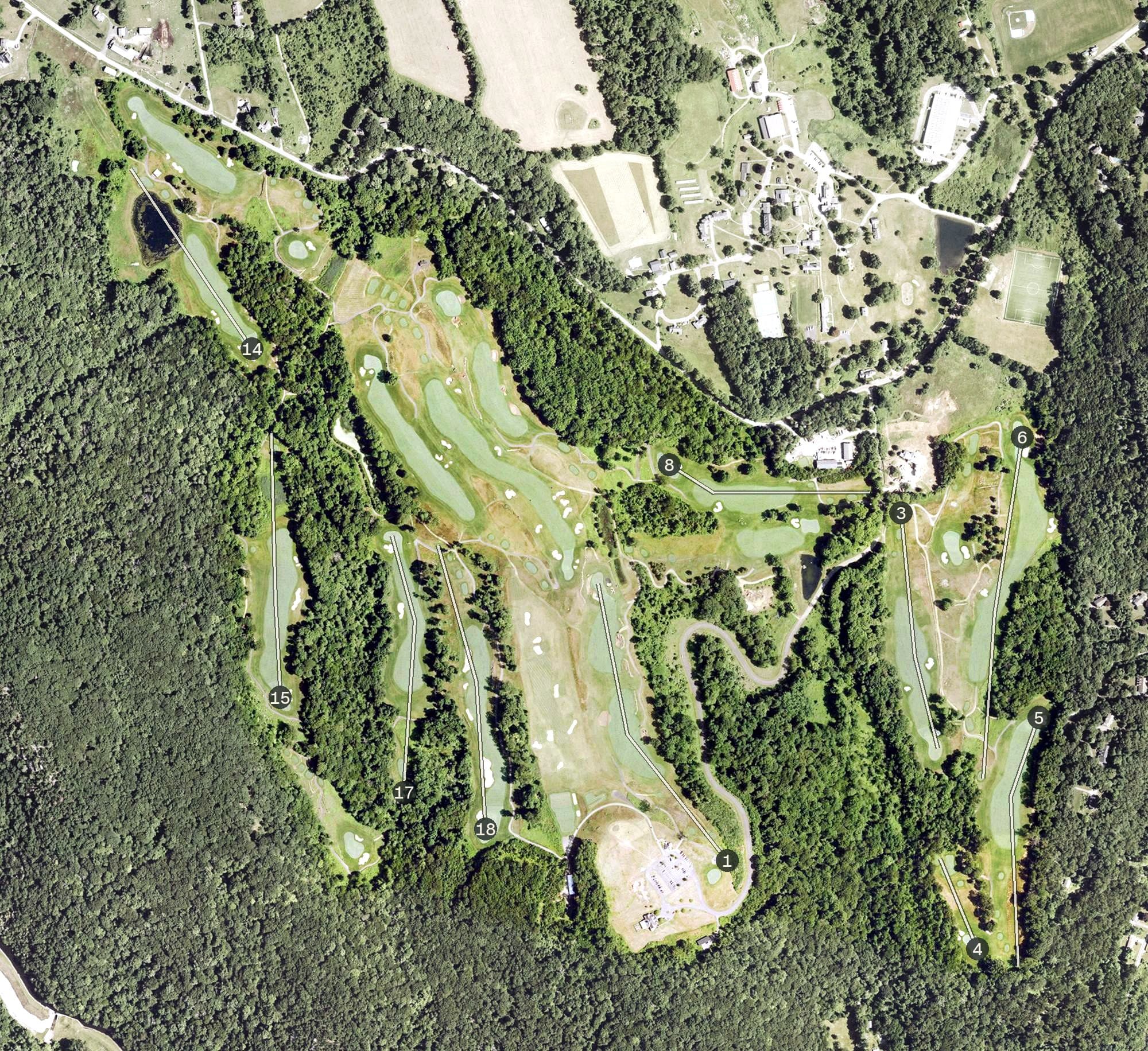 Aerial view of Bull's Bridge Golf Club, CT, with its hole routing marked