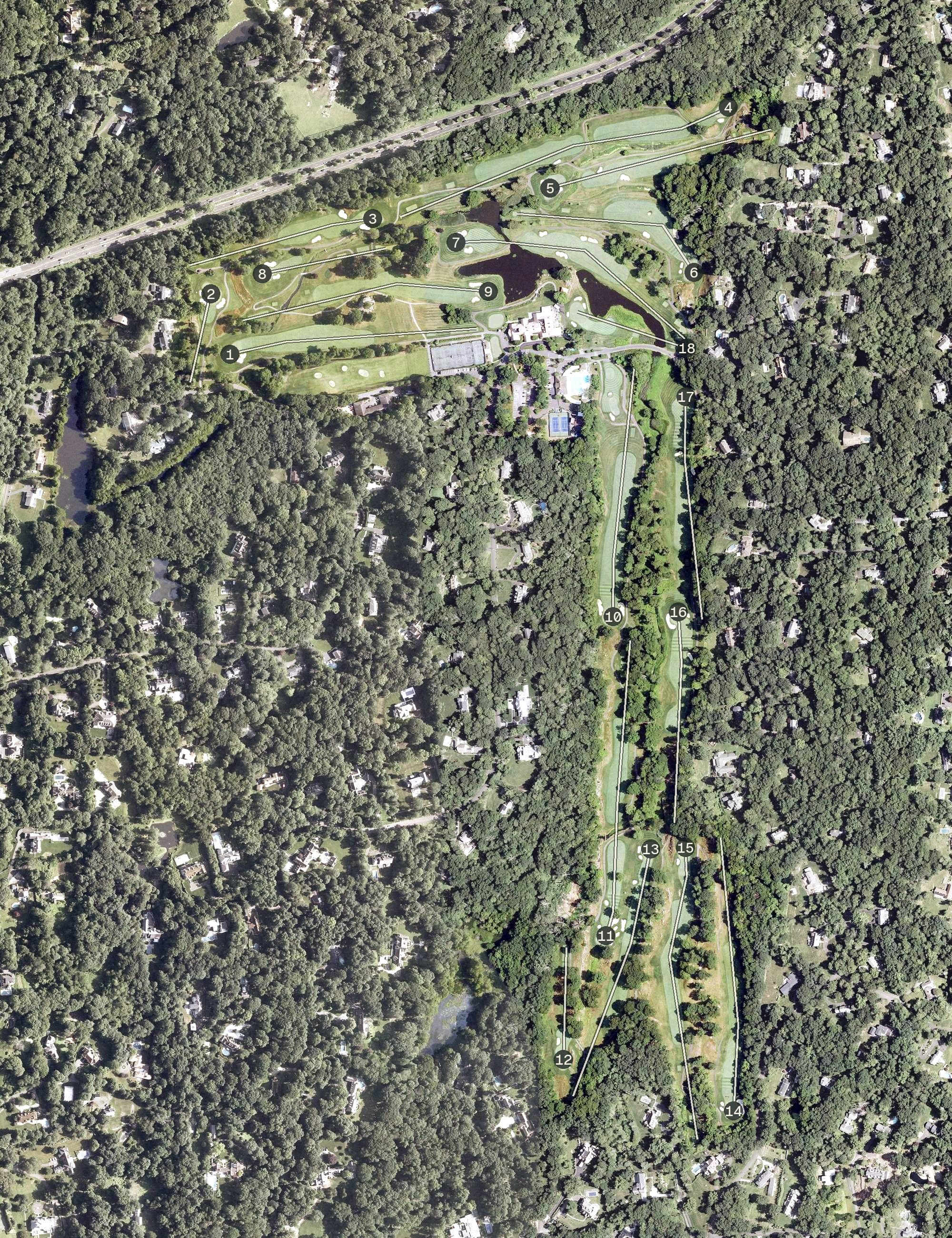 Aerial view of Burning Tree Country Club, CT, with its hole routing marked