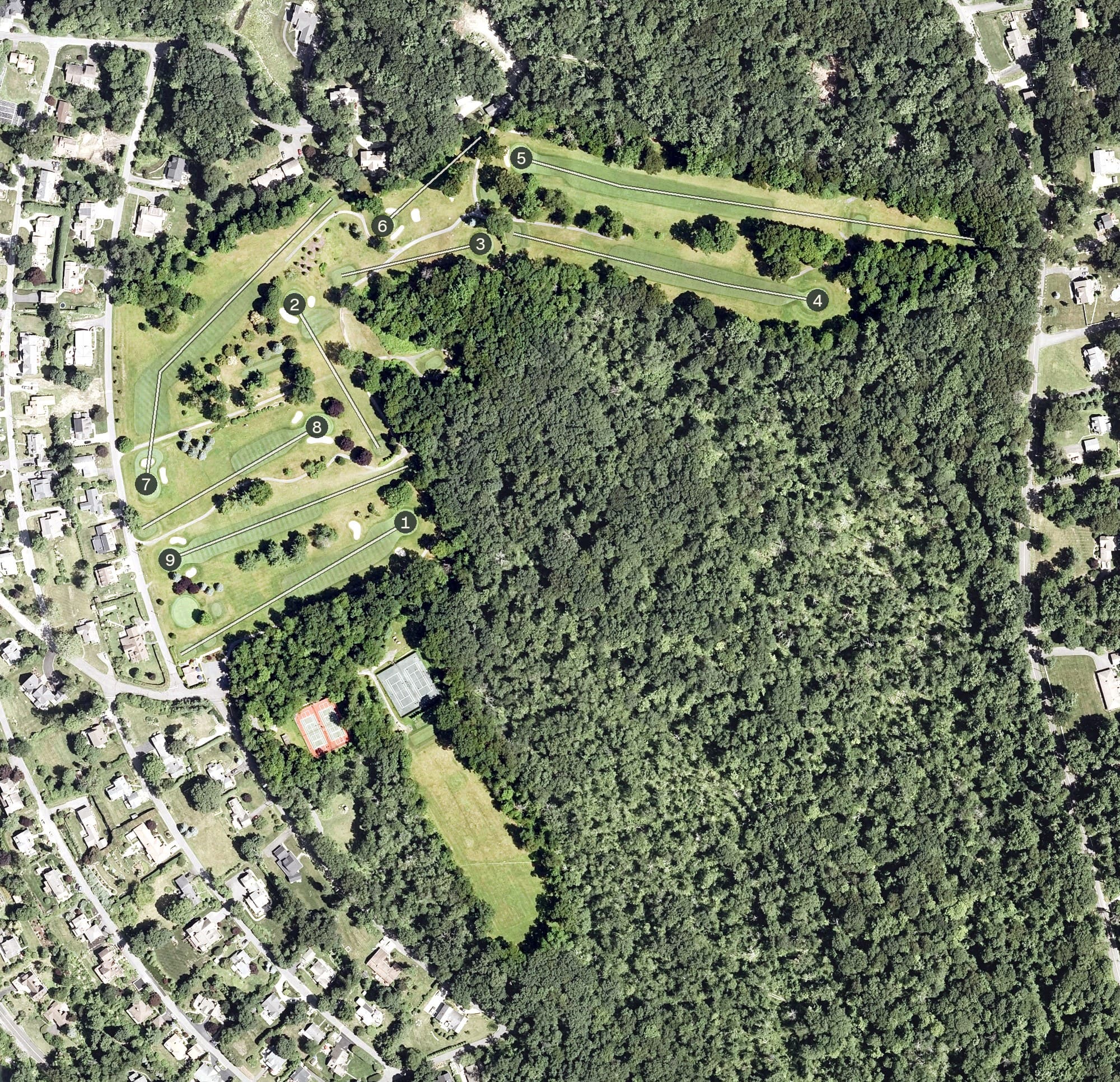 Aerial view of Candlewood Lake Golf and Country Club, CT, with its hole routing marked