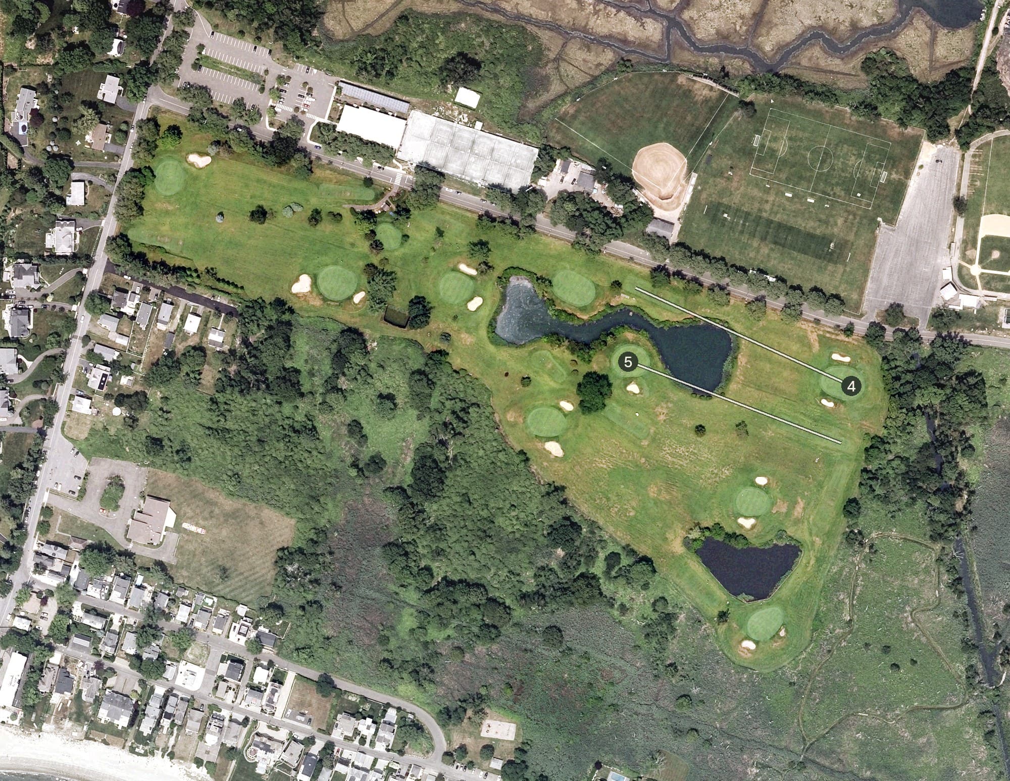 Aerial view of Carl Dickman Par 3 Golf Course, CT, with its hole routing marked