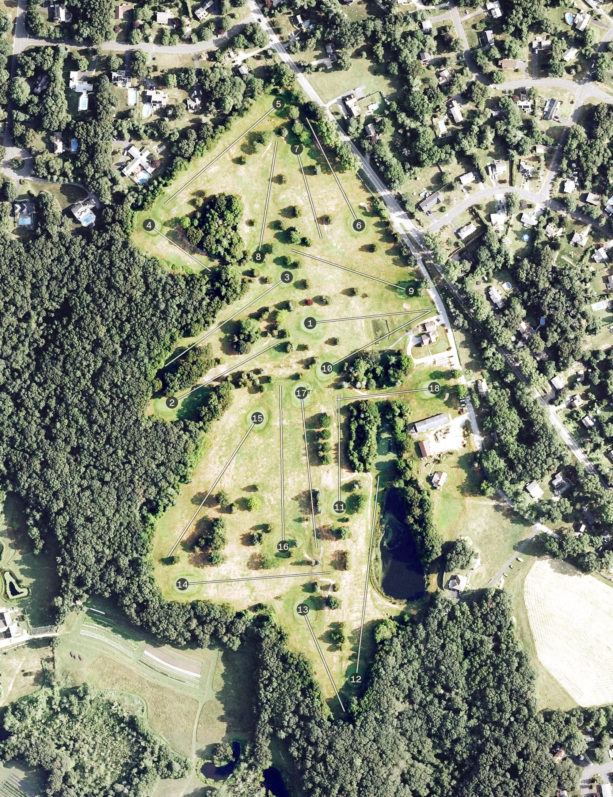 Aerial view of Cedar Ridge Golf Course, CT, with its hole routing marked