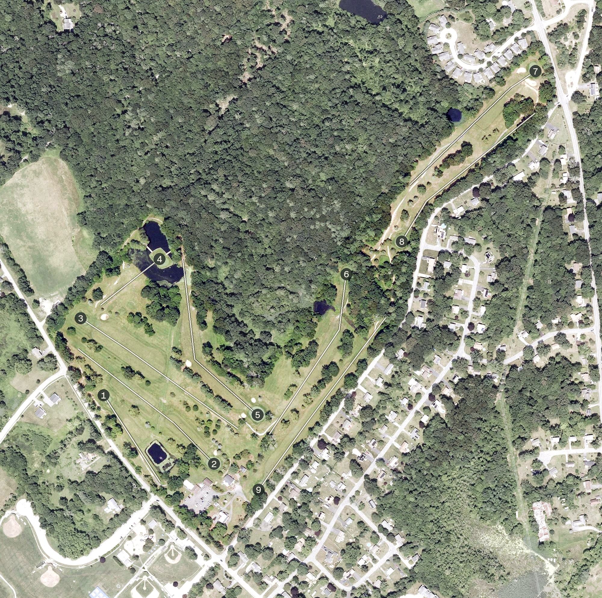 Aerial view of Chanticlair Golf Course, CT, with its hole routing marked