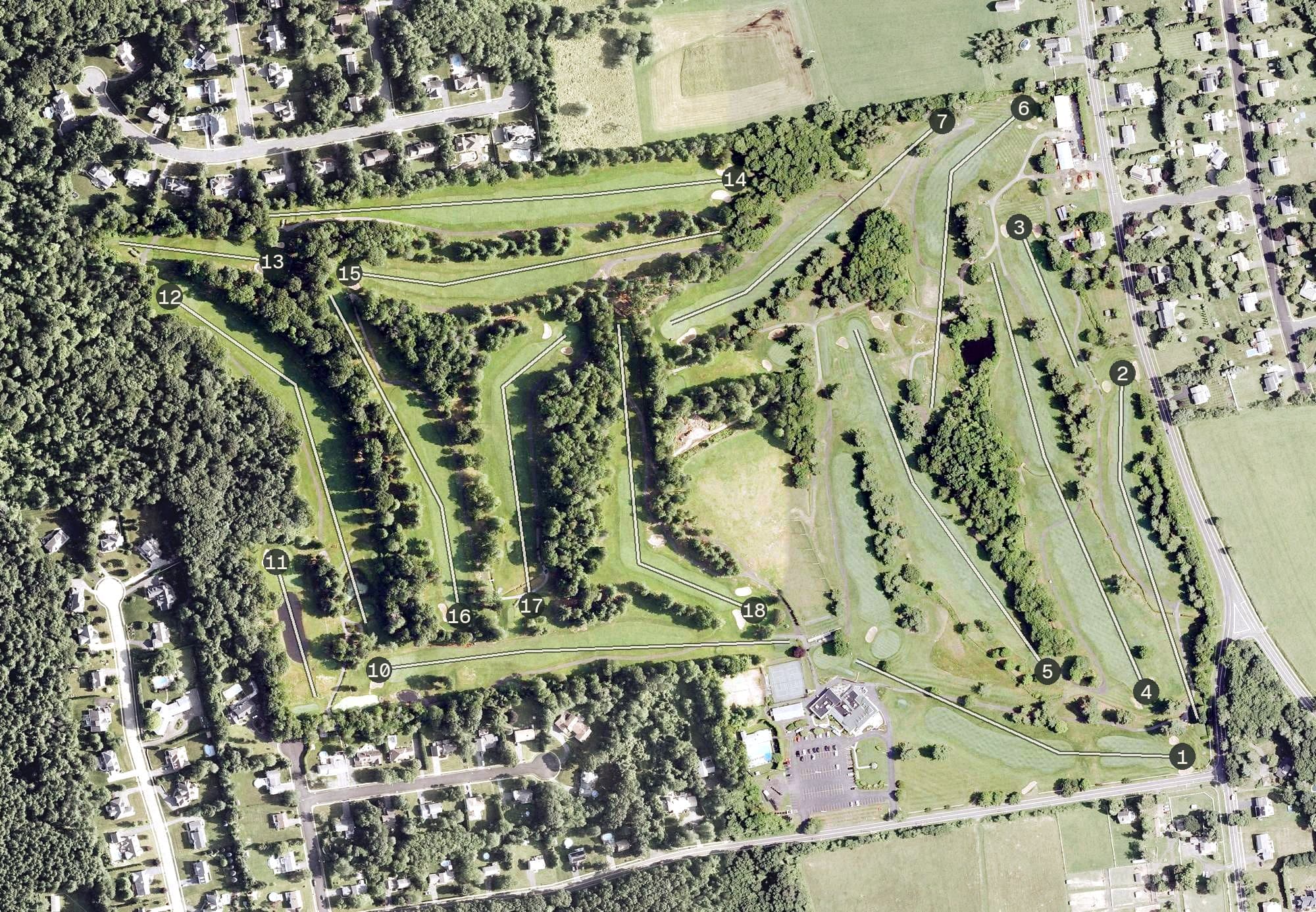 Aerial view of Chippanee Golf Club,Inc., CT, with its hole routing marked