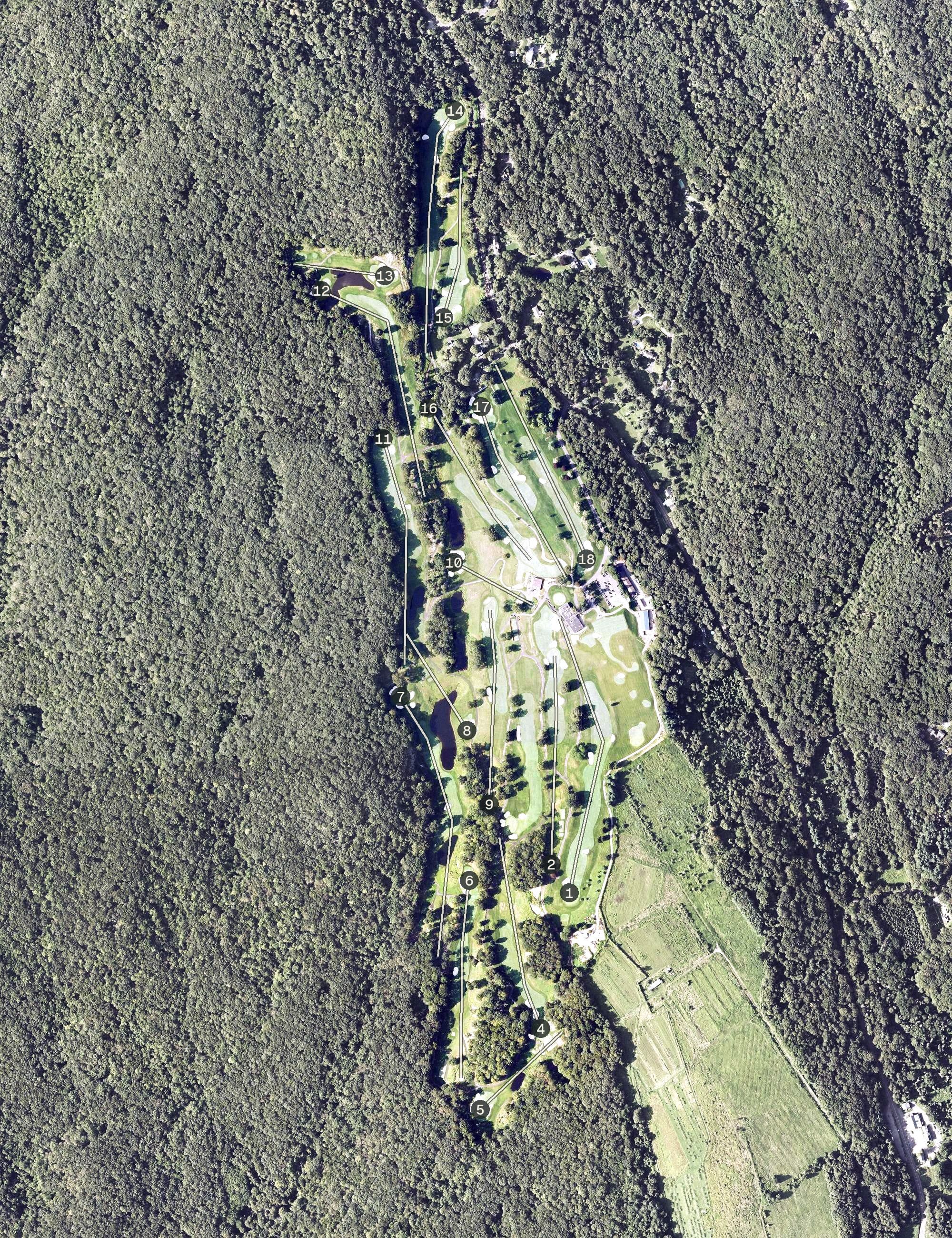 Aerial view of Connecticut Golf Club, CT, with its hole routing marked
