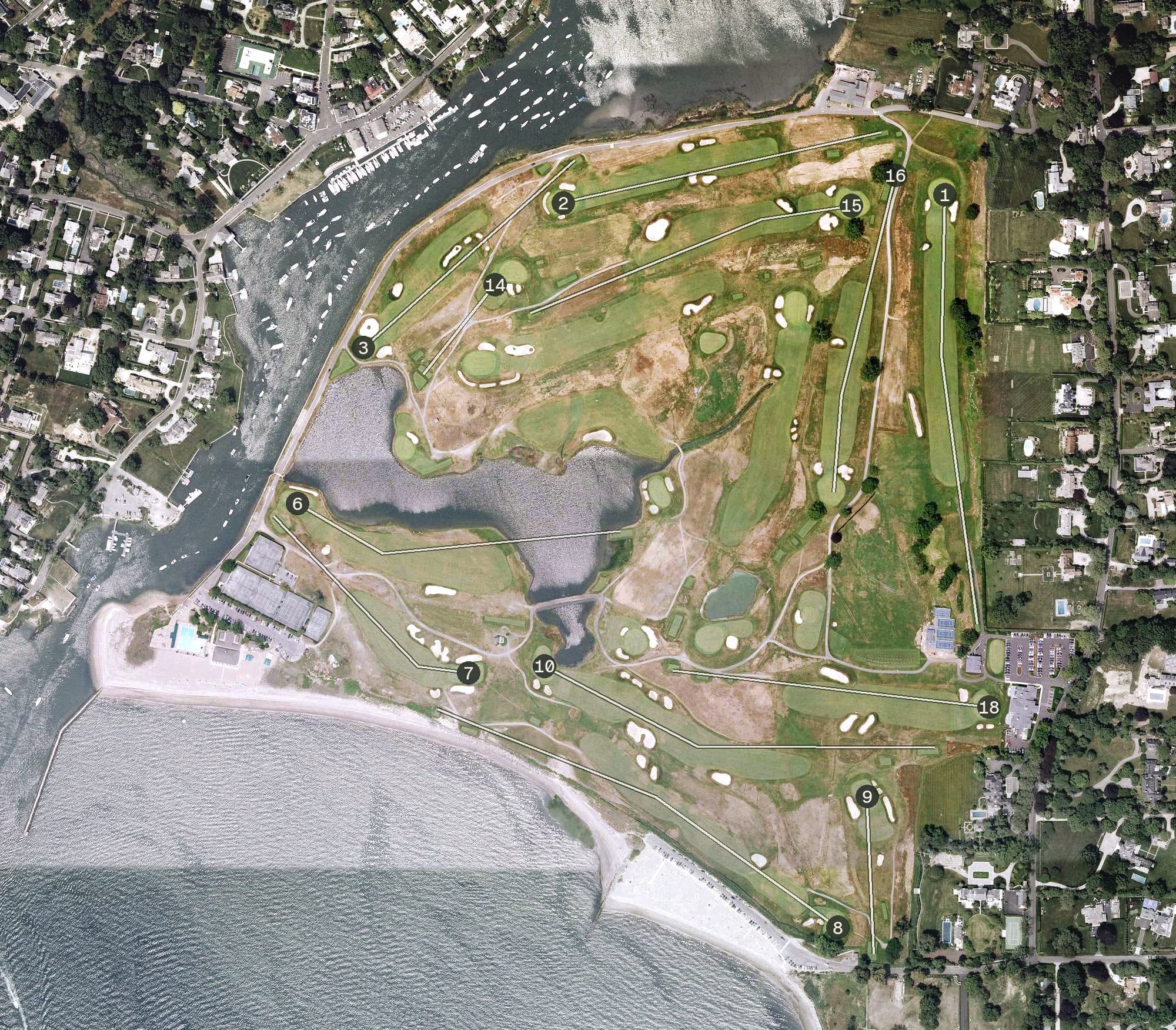 Aerial view of Country Club Of Fairfield, CT, with its hole routing marked