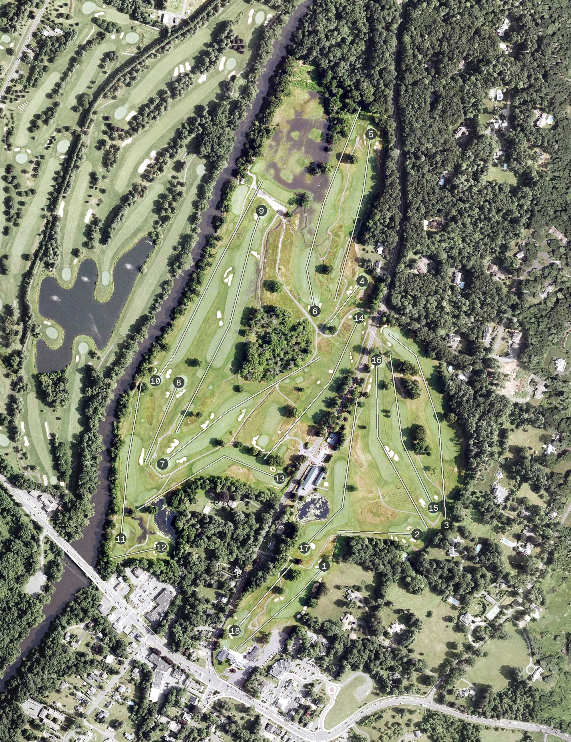 Aerial view of Country Club Of Farmington, CT, with its hole routing marked