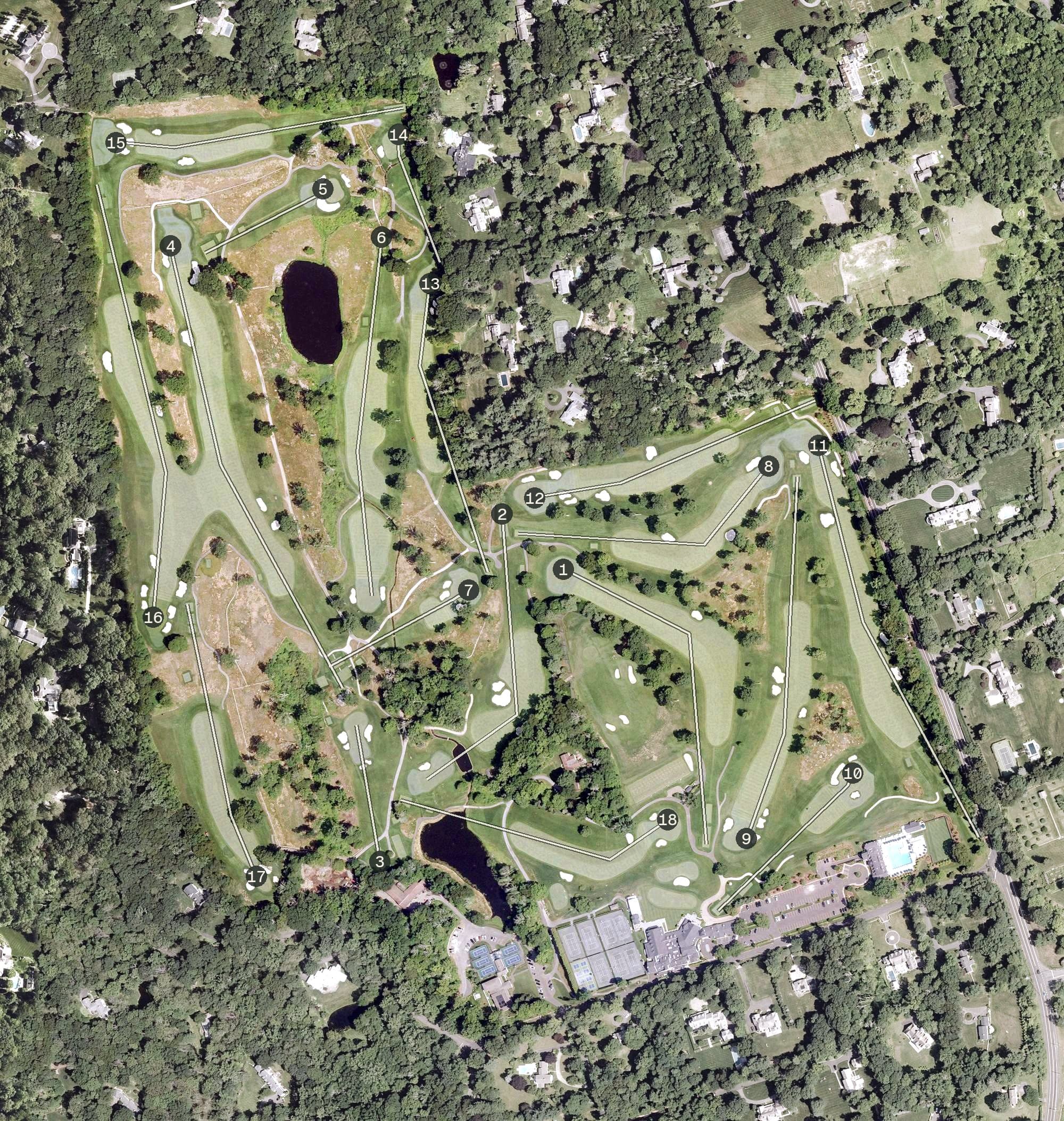 Aerial view of Country Club of New Canaan, CT, with its hole routing marked