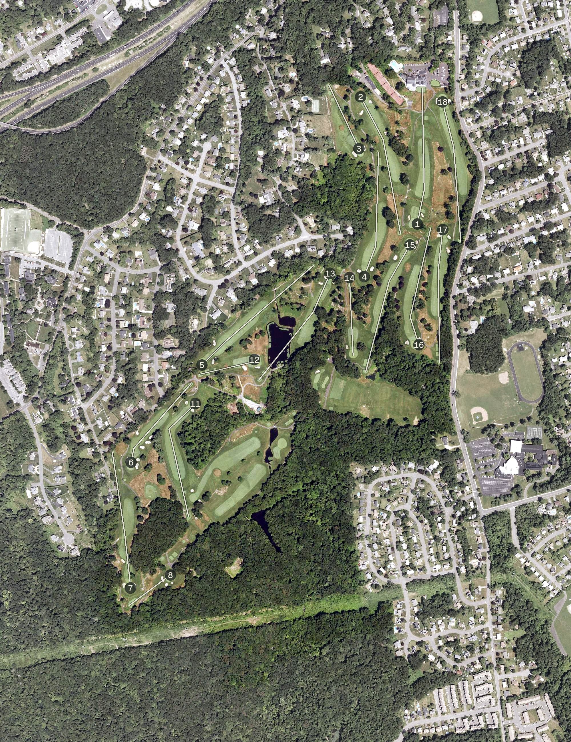 Aerial view of Country Club Of Waterbury, CT, with its hole routing marked