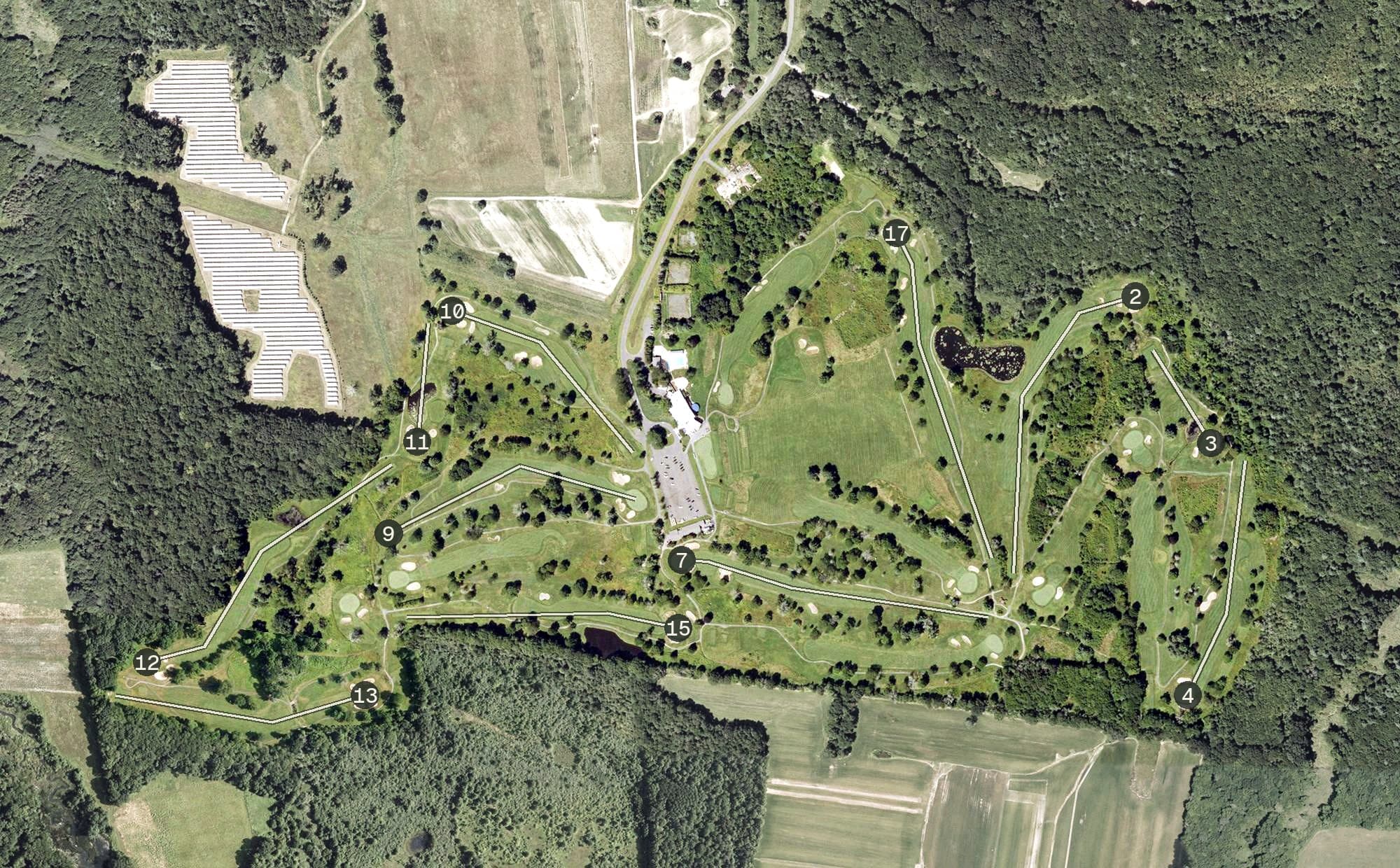 Aerial view of Crestview Country Club, CT, with its hole routing marked