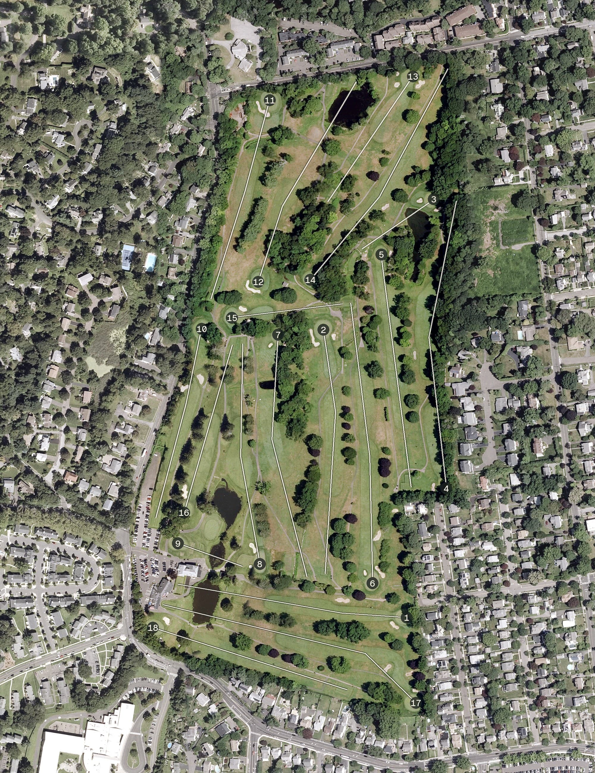 Aerial view of E. Gaynor Brennan Golf Course, CT, with its hole routing marked