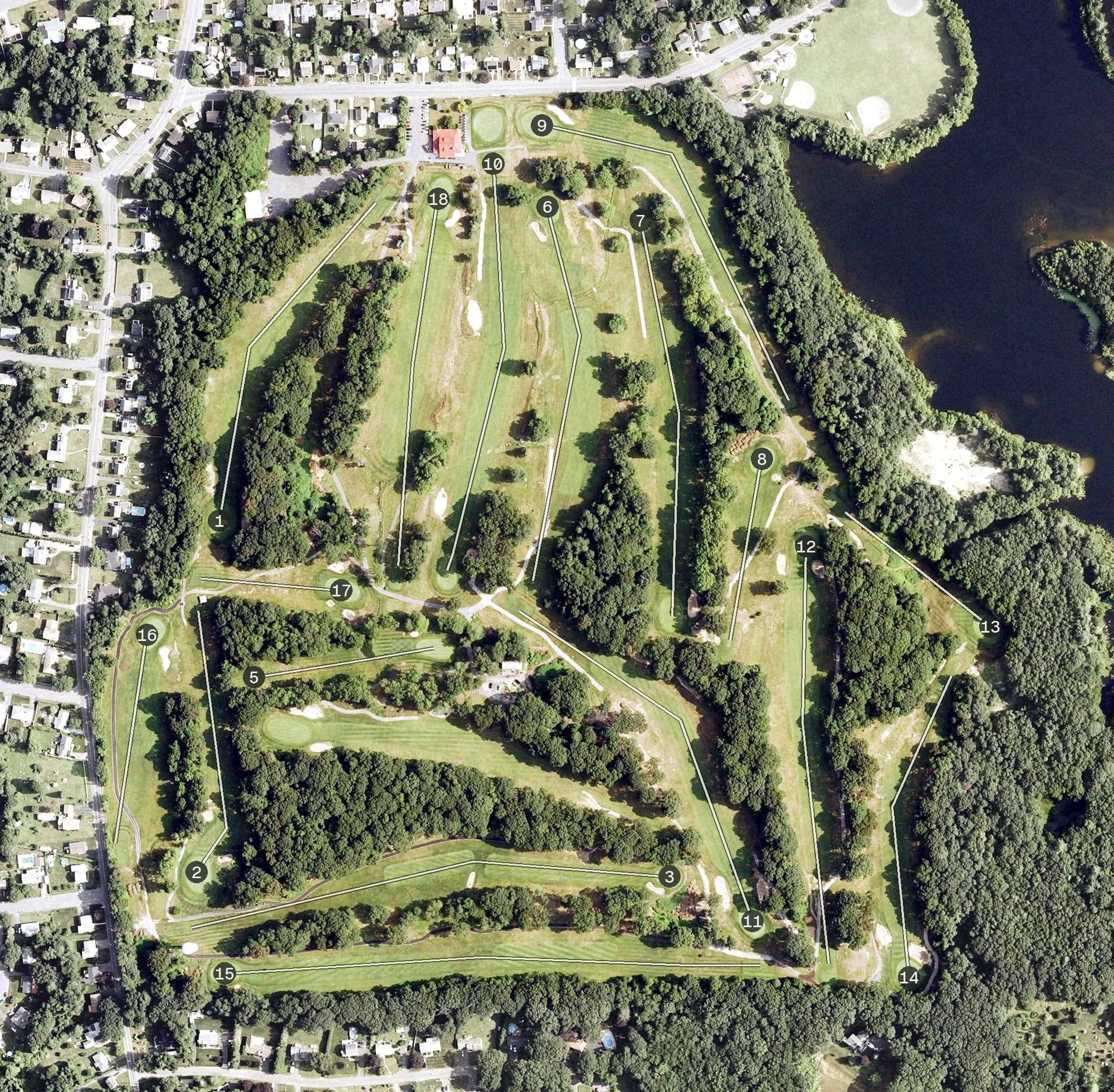 Aerial view of East Mountain Golf Course, CT, with its hole routing marked