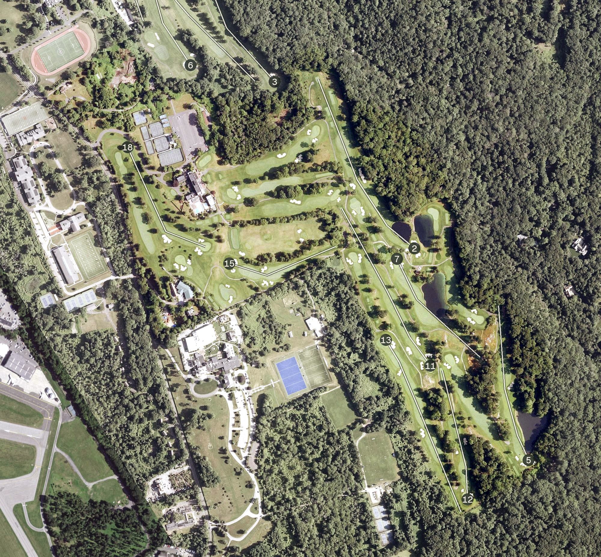 Aerial view of Fairview Country Club, CT, with its hole routing marked