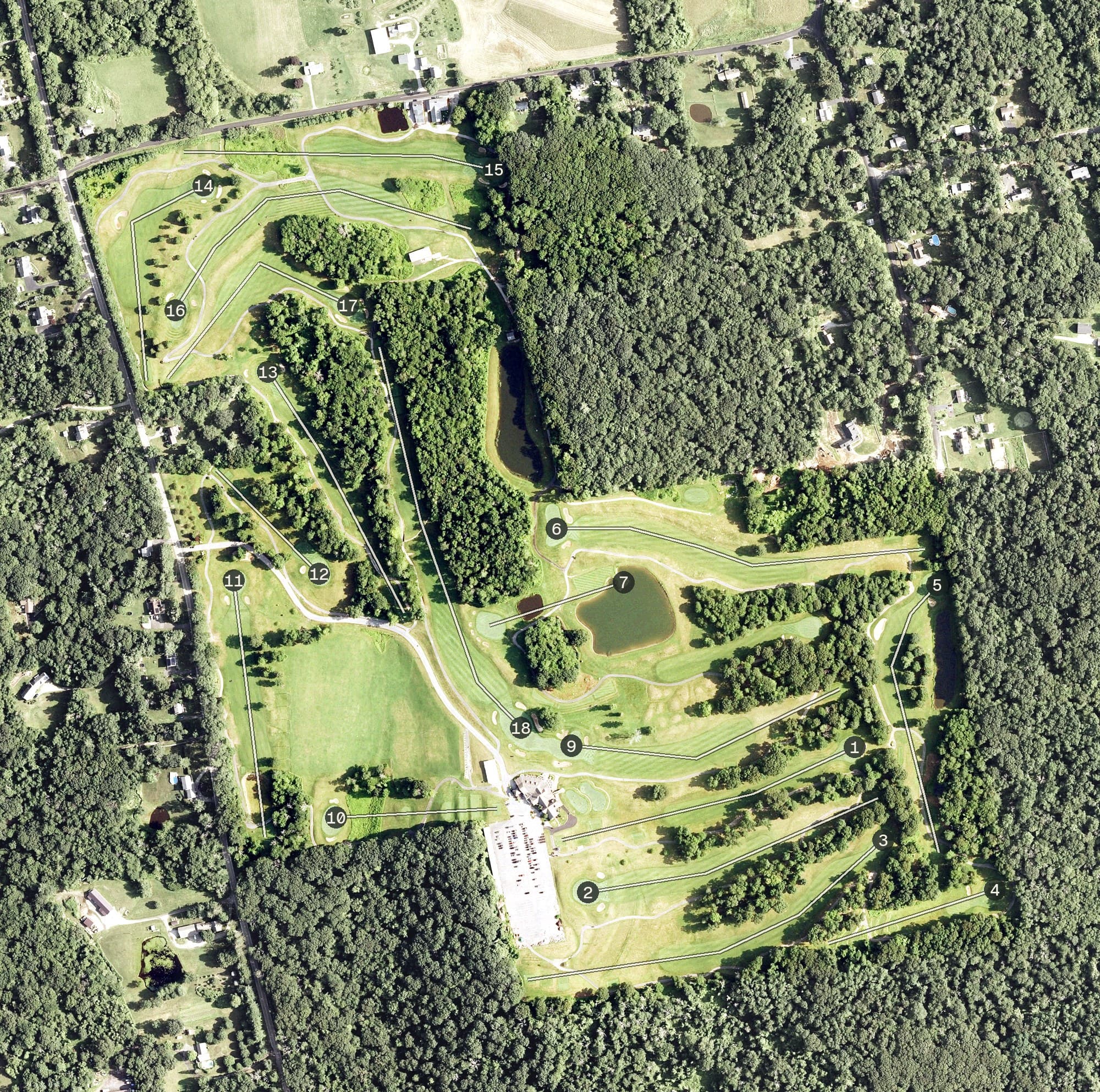 Aerial view of Fairview Farm Golf Course, CT, with its hole routing marked