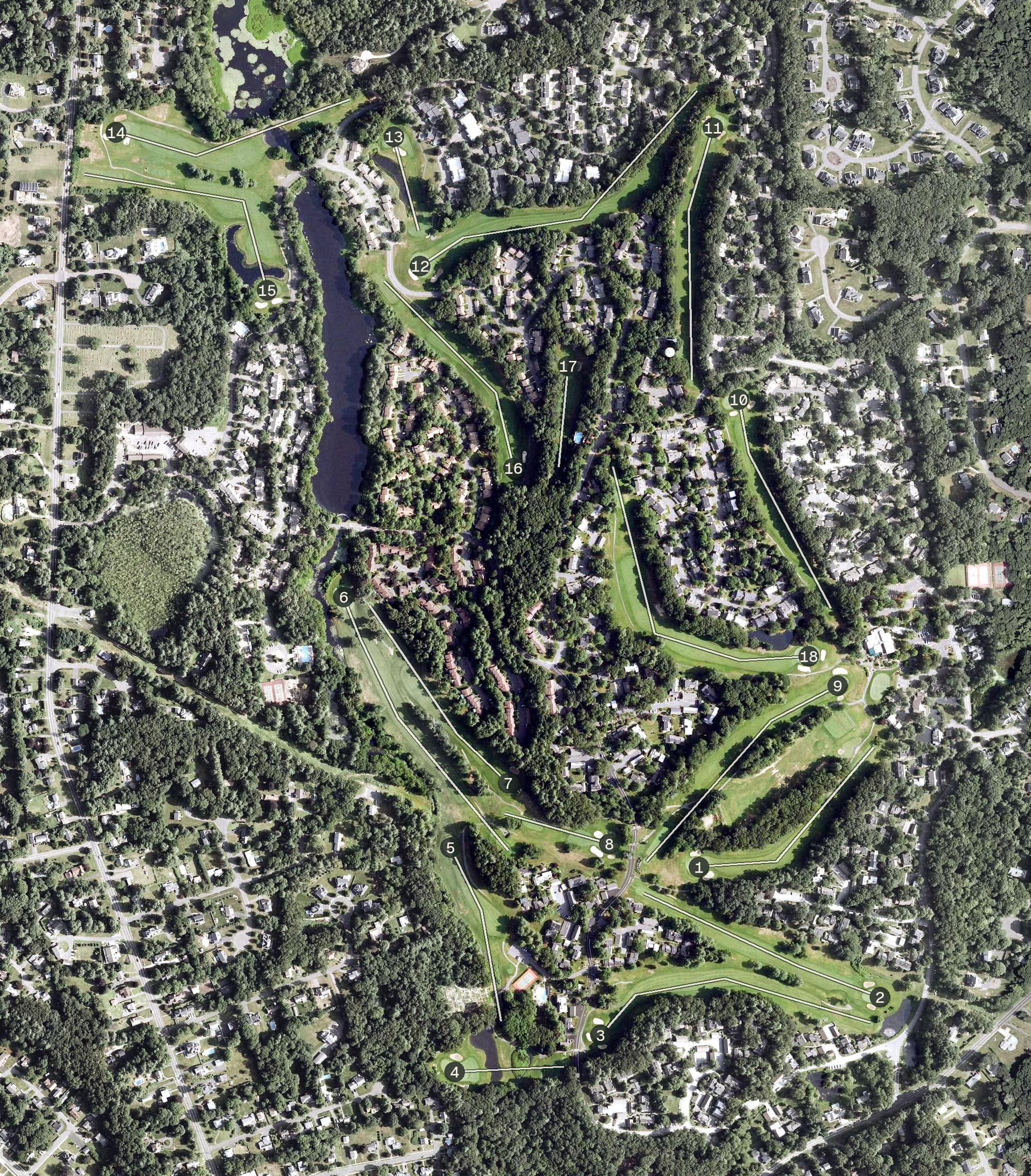 Aerial view of Farmington Woods Golf Club, CT, with its hole routing marked