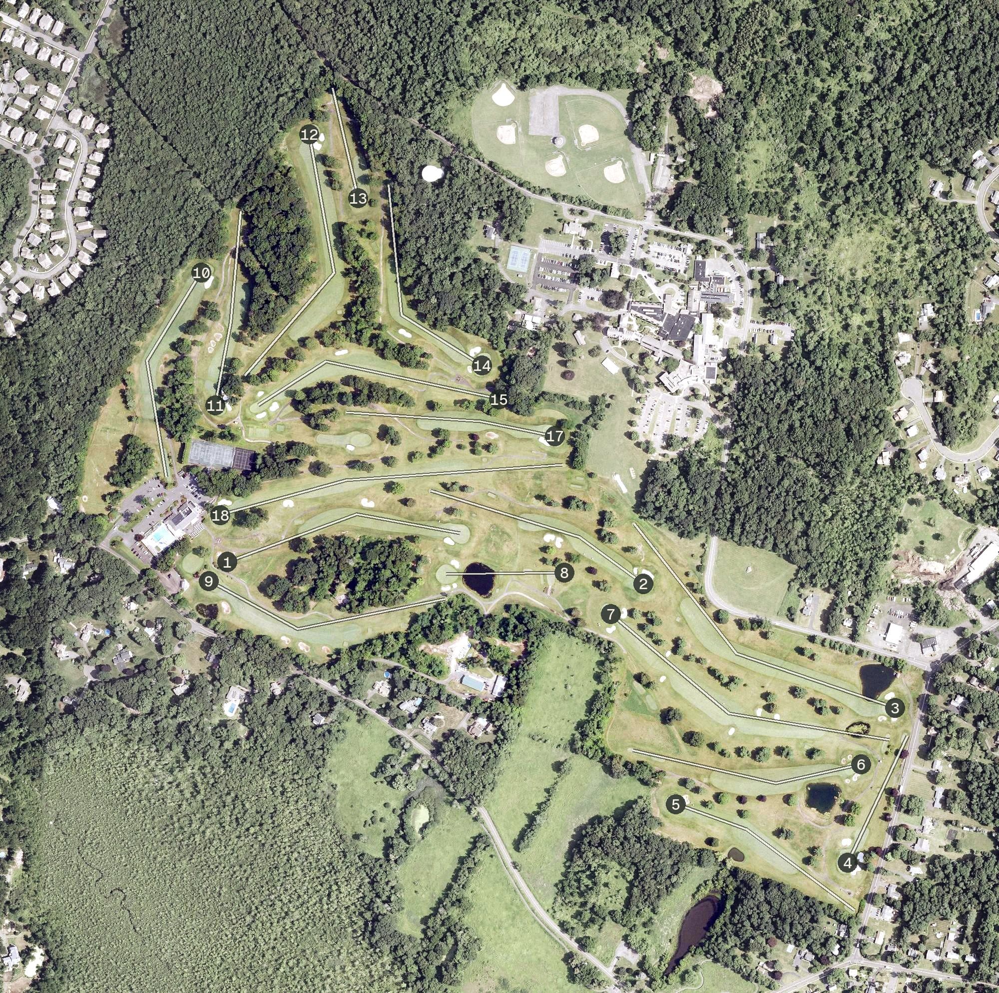 Aerial view of Farms Country Club, CT, with its hole routing marked