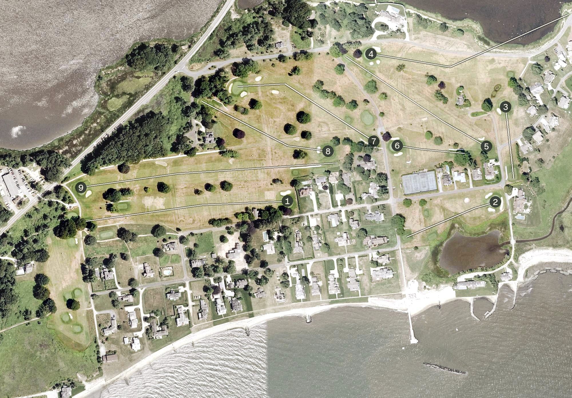 Aerial view of Fenwick Golf Club, CT, with its hole routing marked