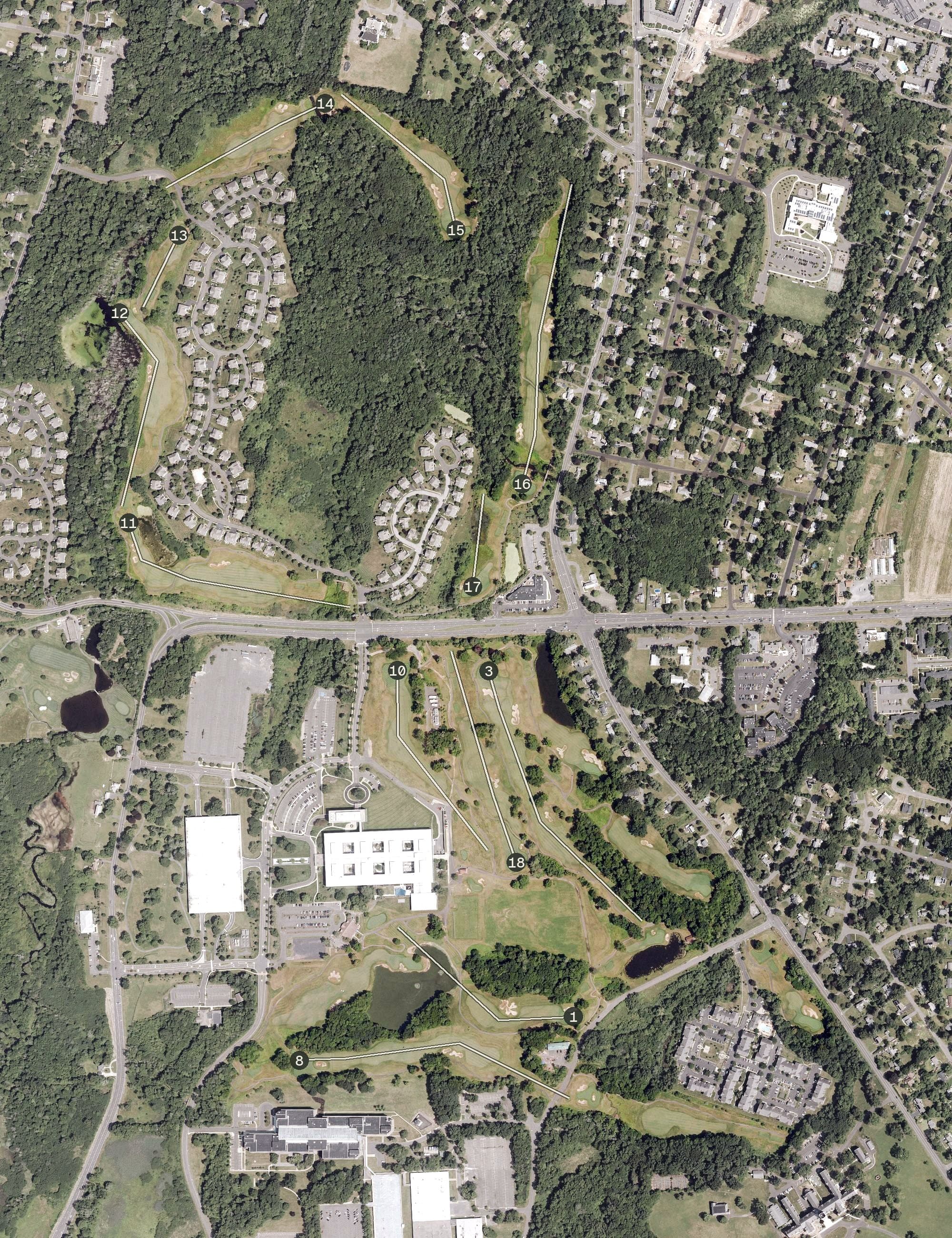 Aerial view of Gillette Ridge Golf Club, CT, with its hole routing marked