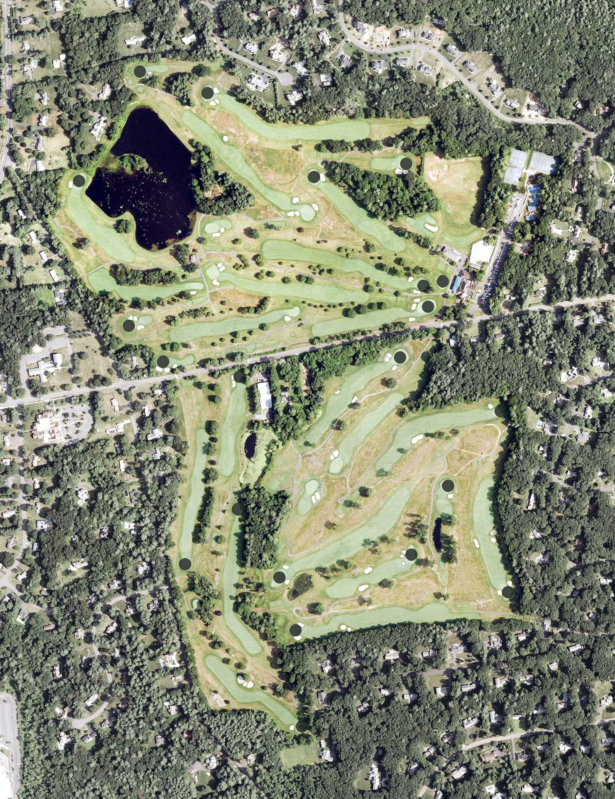 Aerial view of Golf Club of Avon, CT, with its hole routing marked