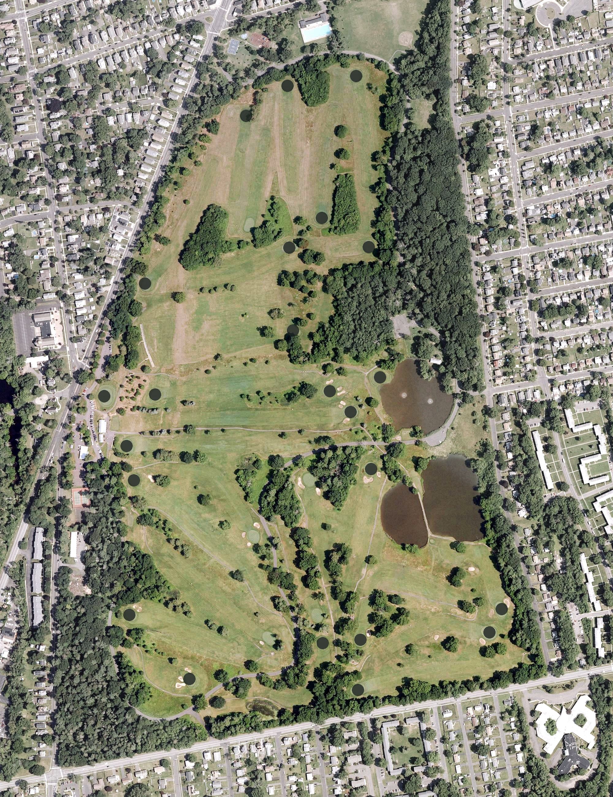 Aerial view of Goodwin Park Golf Course, CT, with its hole routing marked
