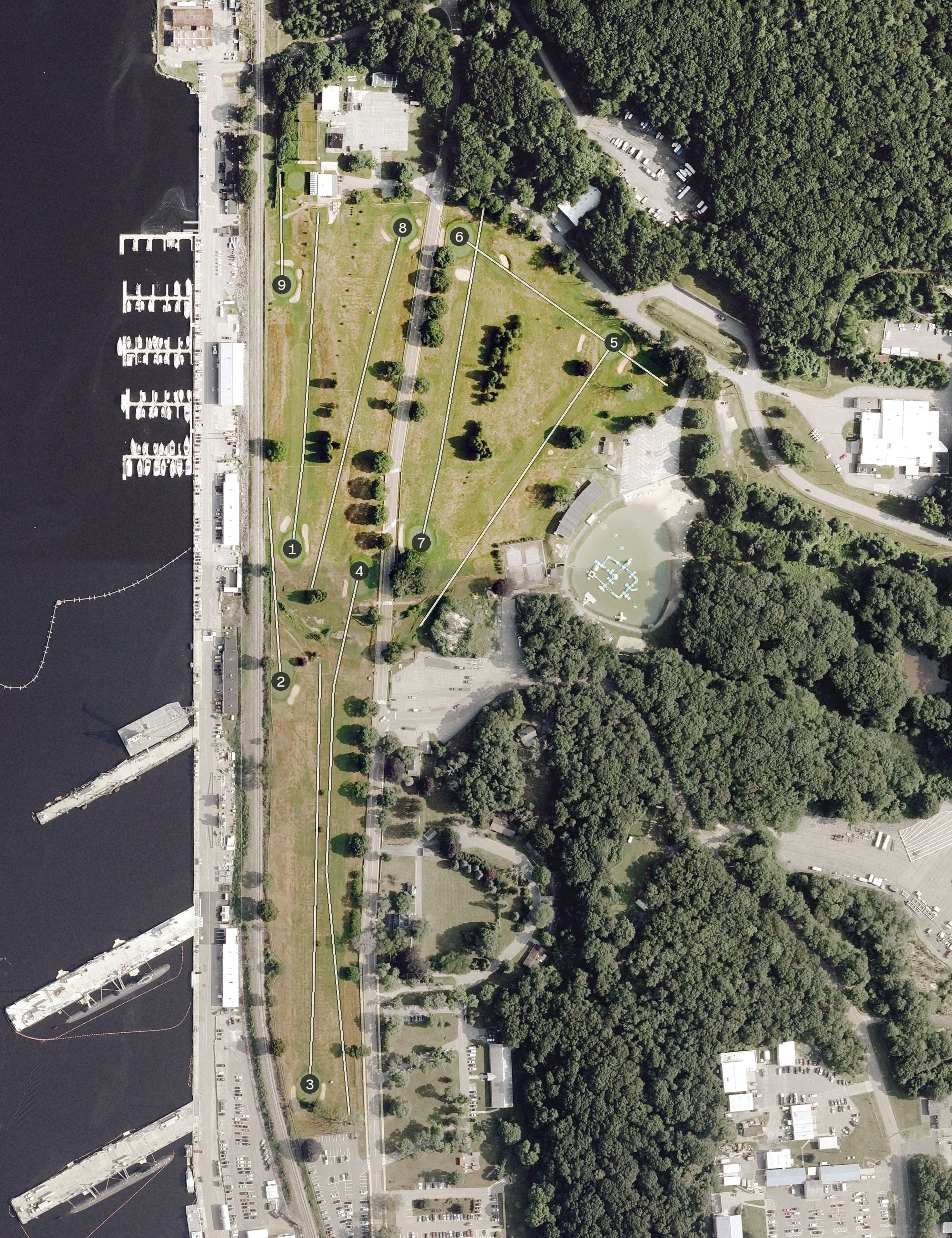 Aerial view of Goose Run Golf Course, CT, with its hole routing marked