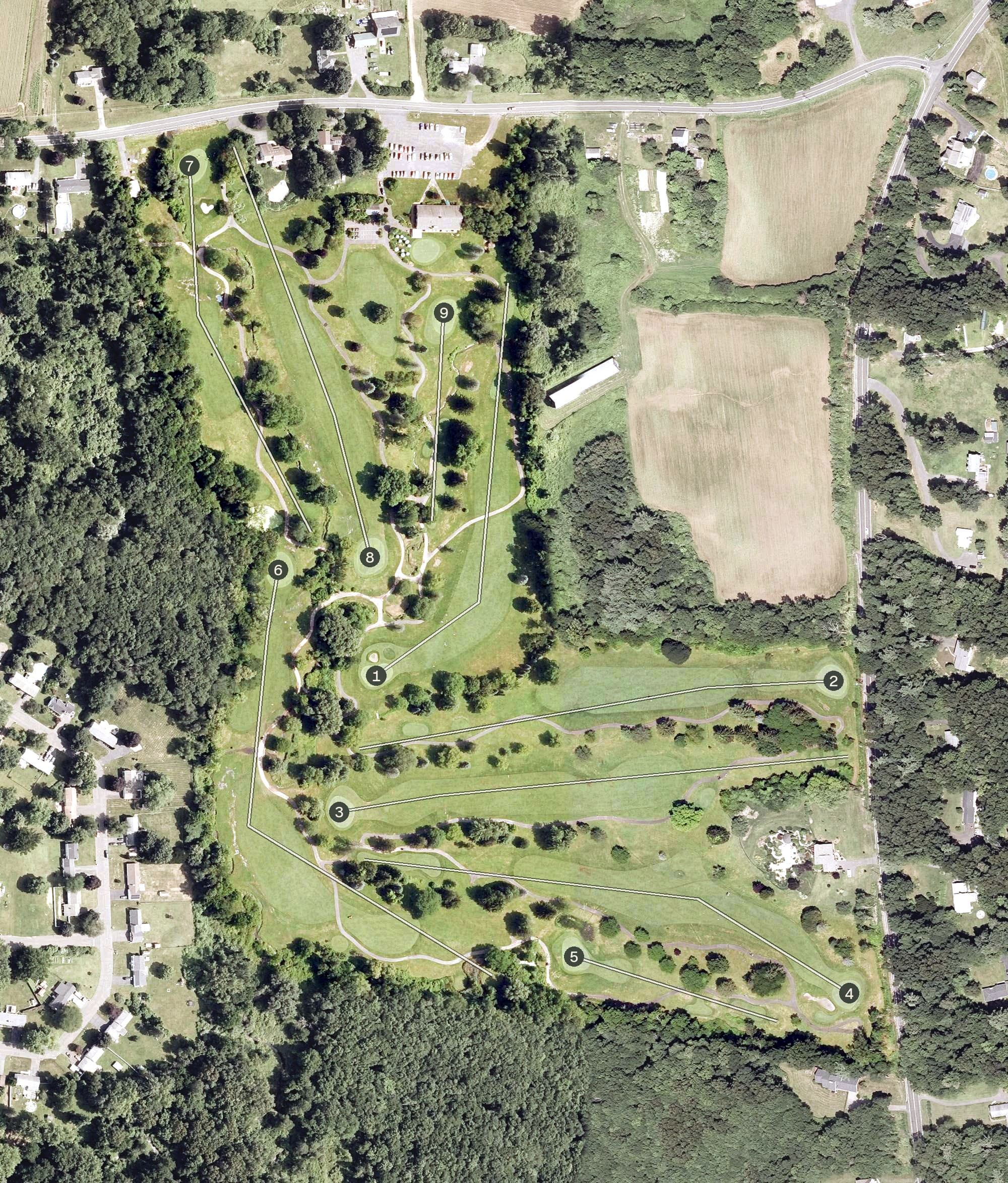 Aerial view of Grassmere Country Club, CT, with its hole routing marked