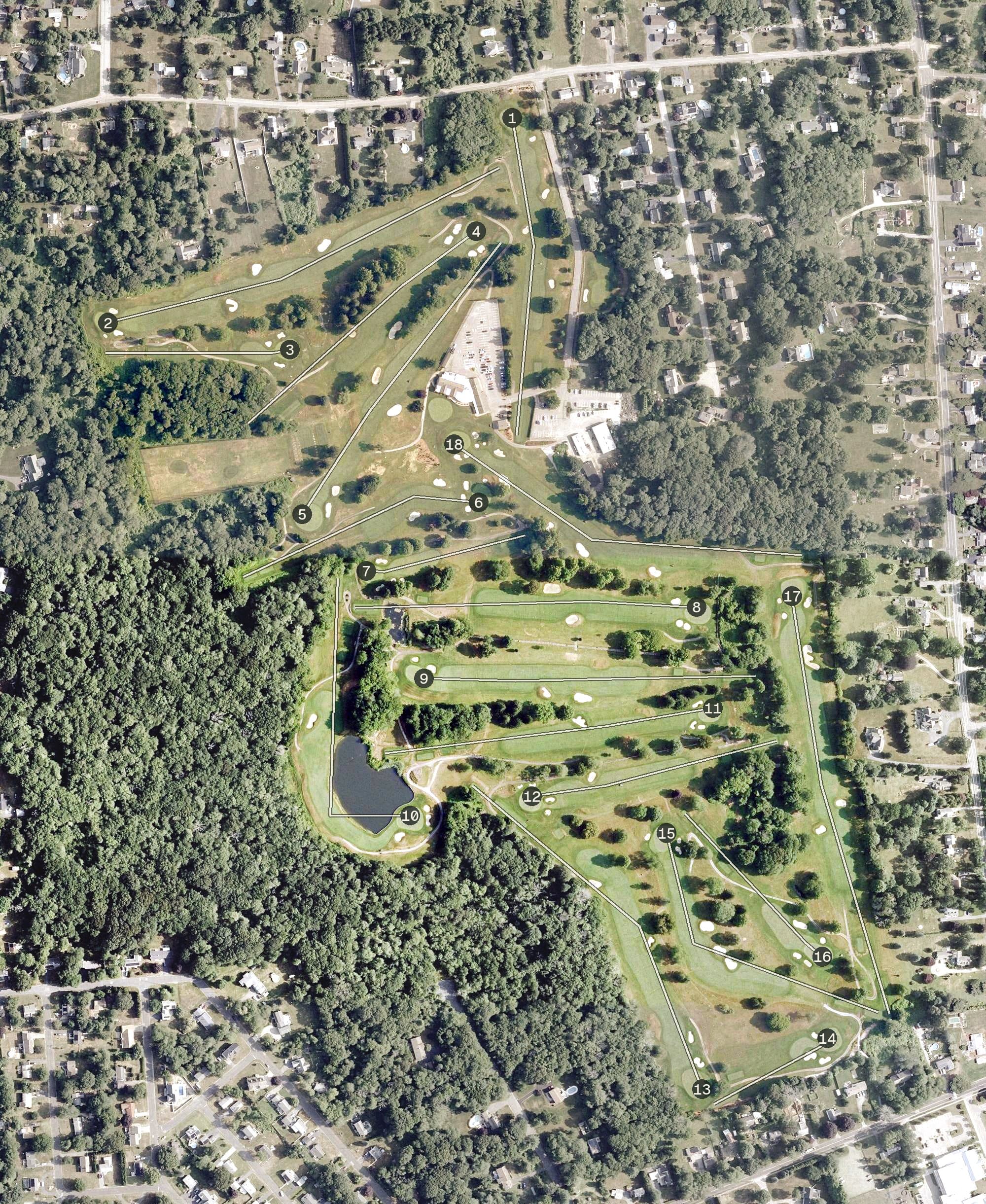 Aerial view of Great Neck Country Club, CT, with its hole routing marked