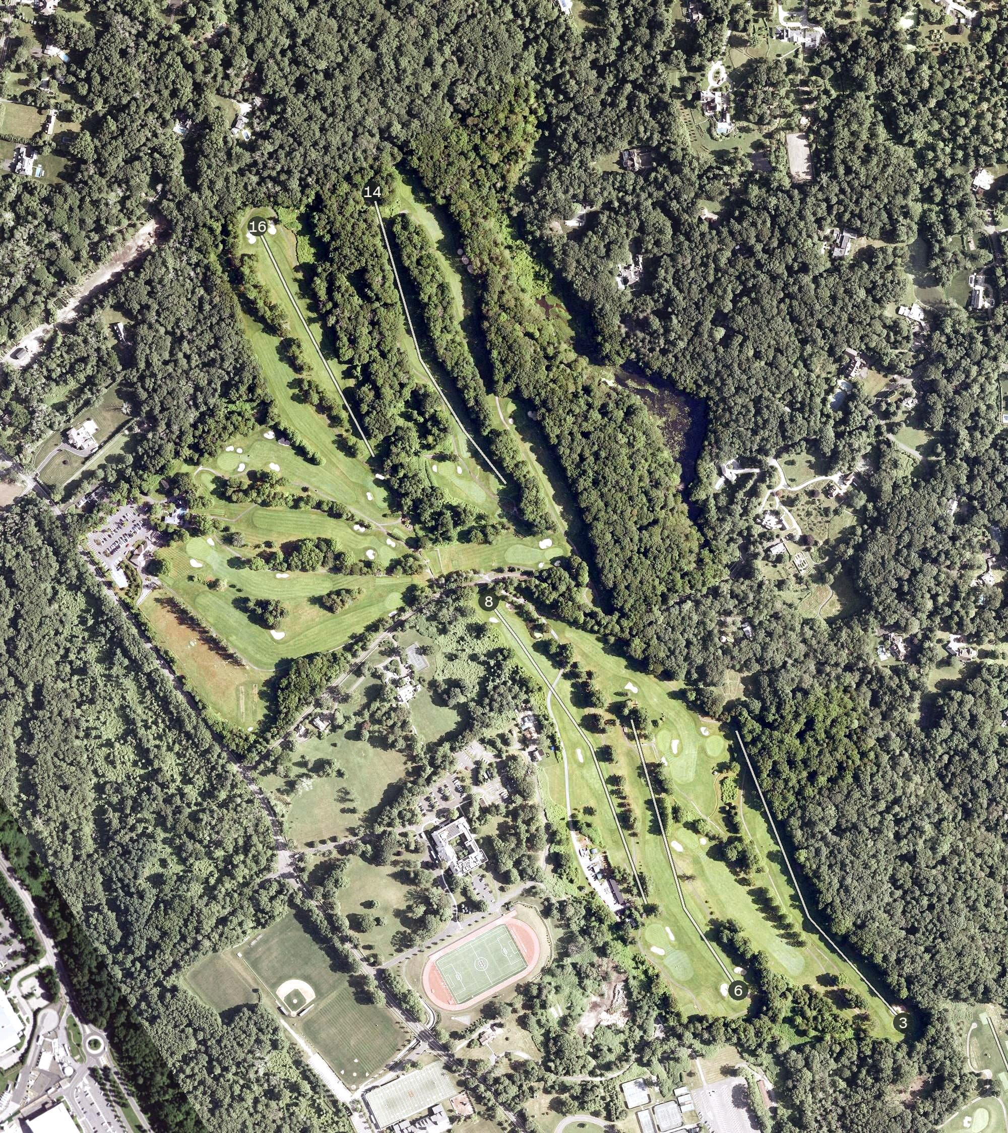 Aerial view of Griffith E. Harris Golf Course, CT, with its hole routing marked