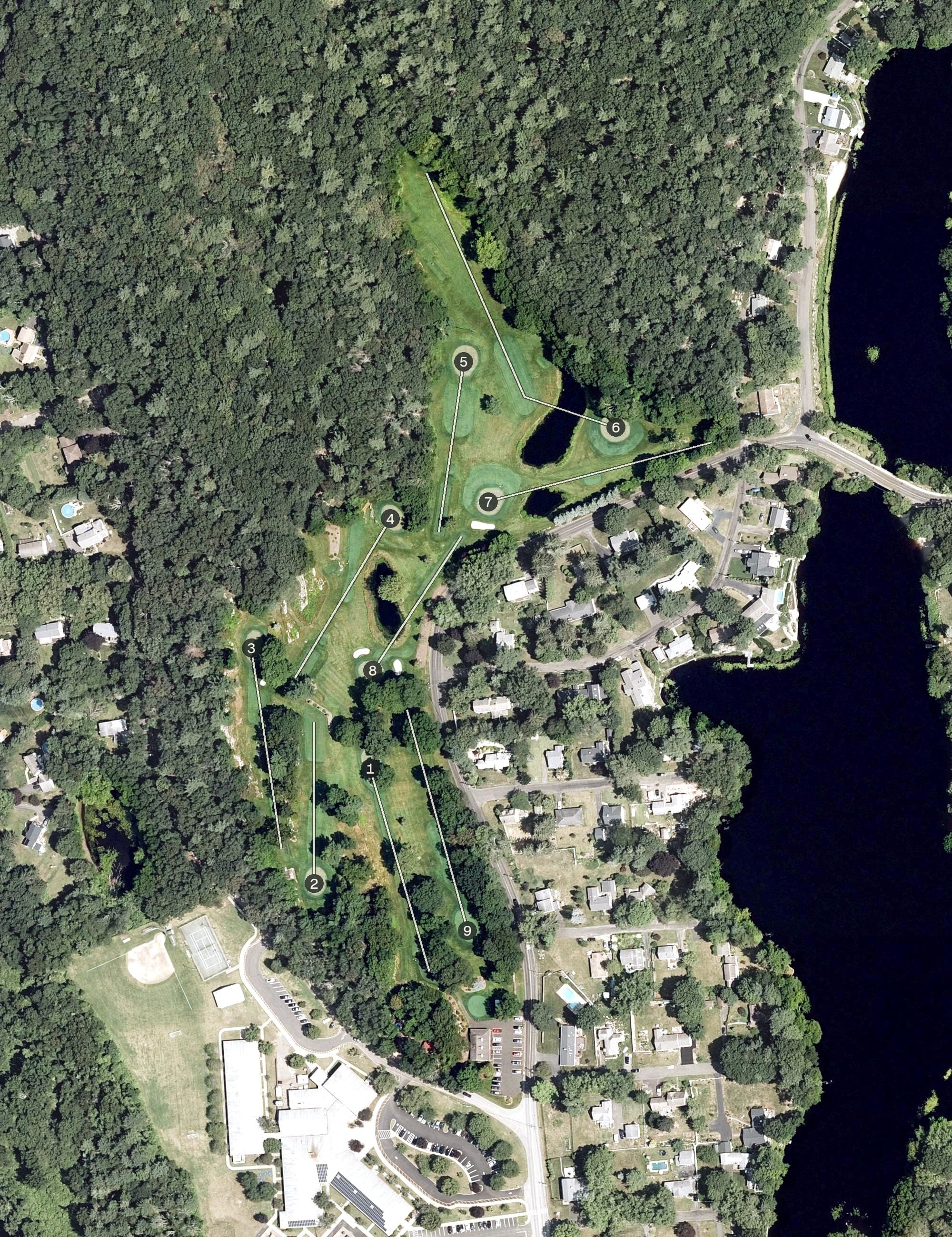 Aerial view of Guilford Lakes Golf Course, CT, with its hole routing marked