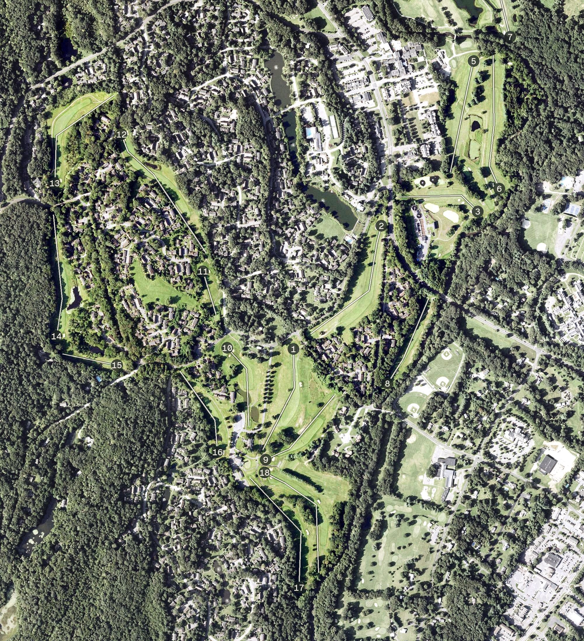 Aerial view of Heritage Village Country Club, CT, with its hole routing marked