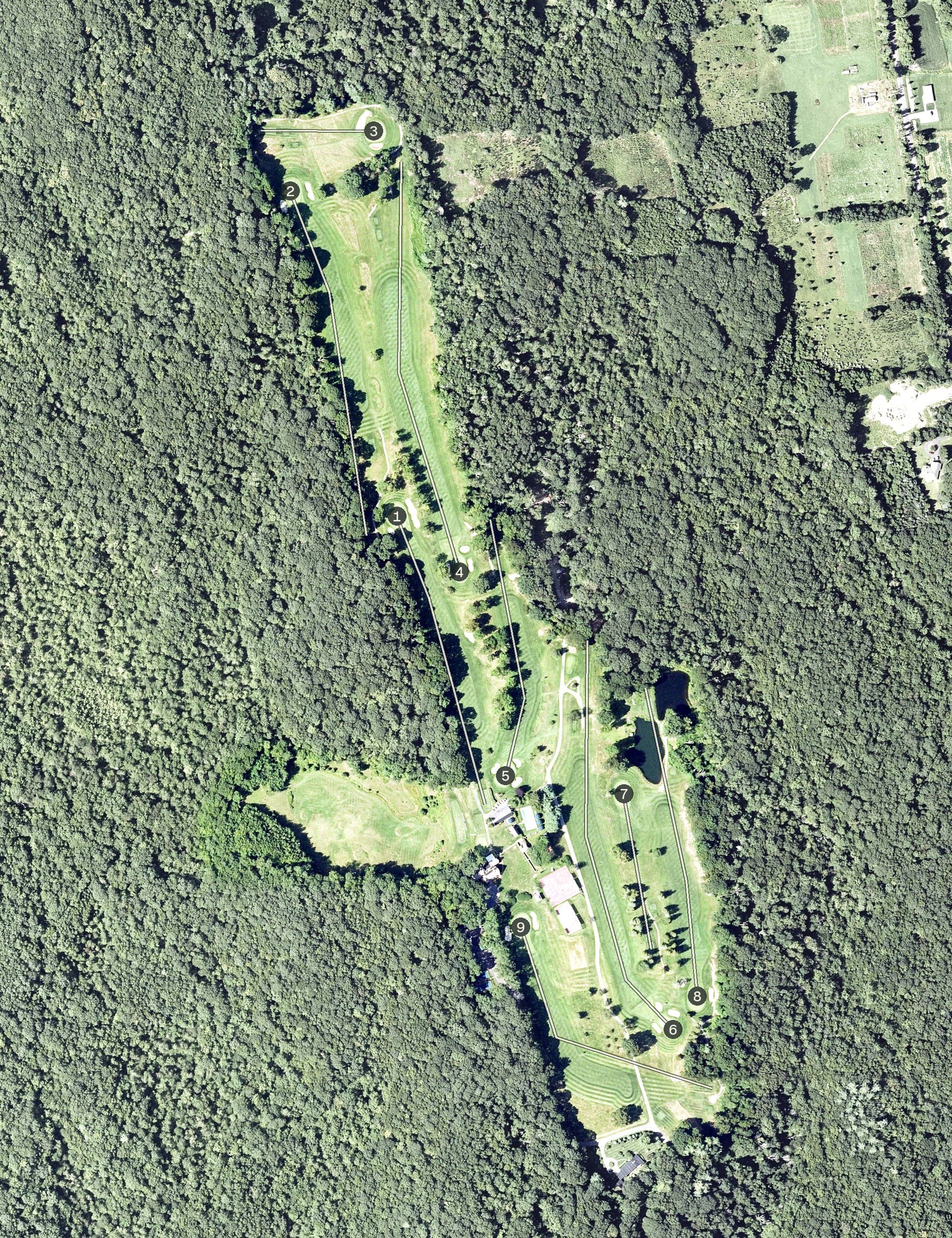 Aerial view of Highfield Club, CT, with its hole routing marked
