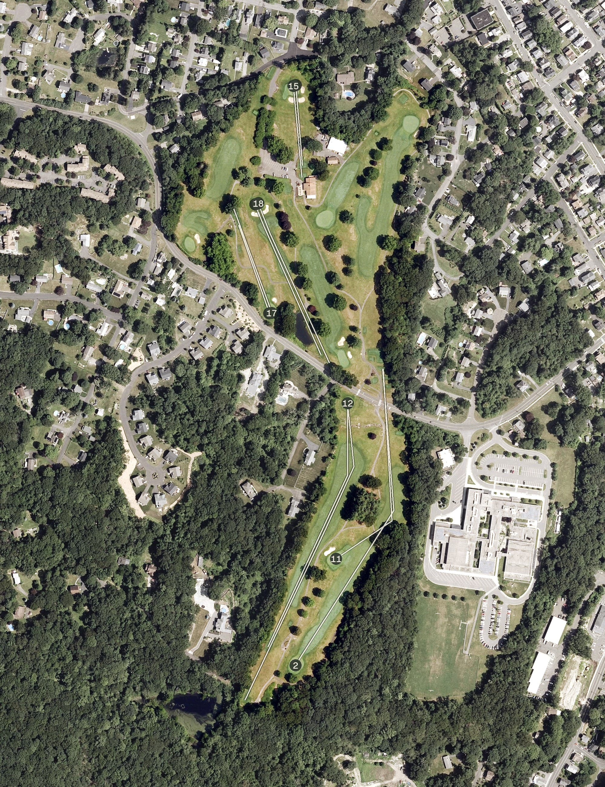 Aerial view of Highland Golf Club, CT, with its hole routing marked