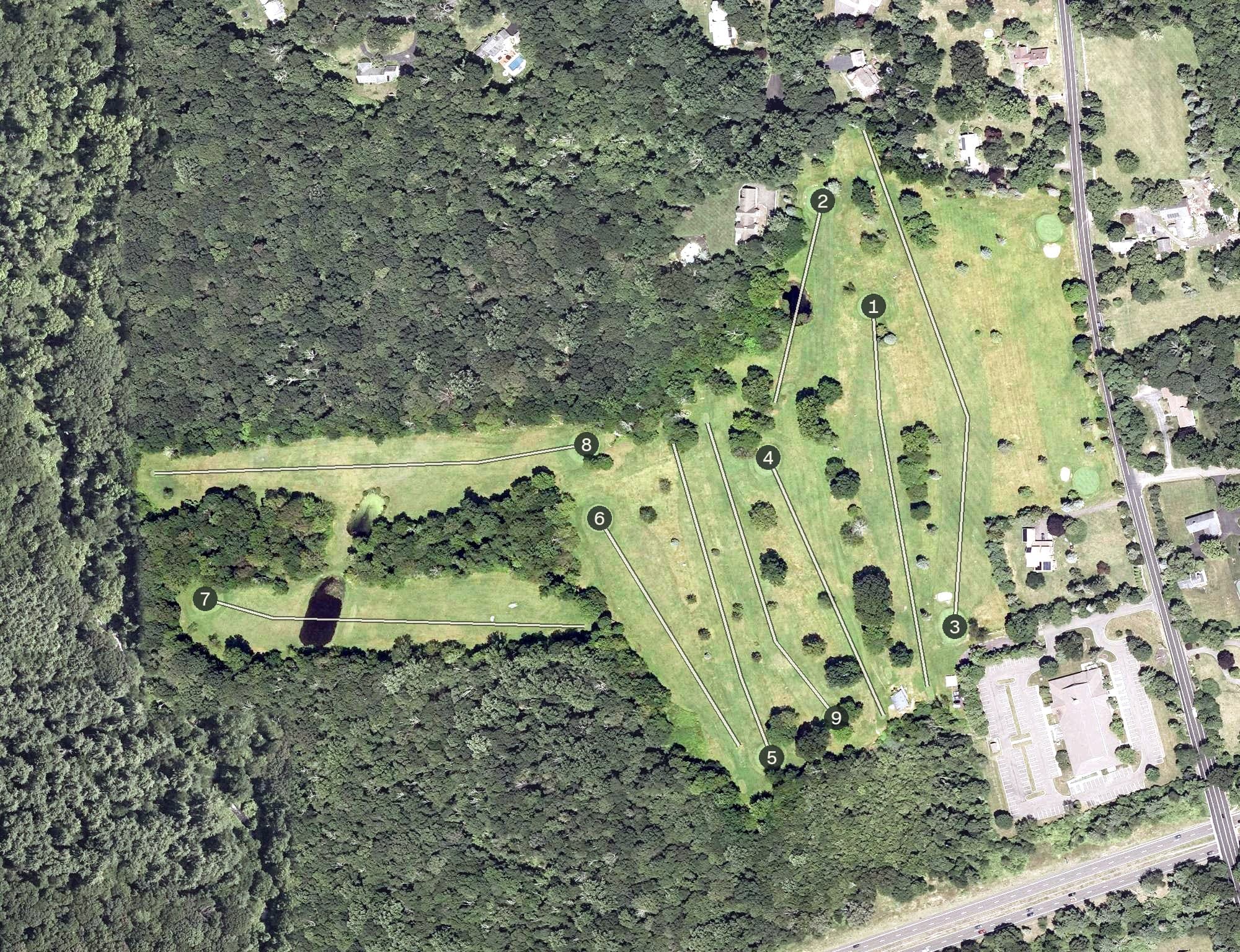 Aerial view of Homewood Acres Golf Course, CT, with its hole routing marked