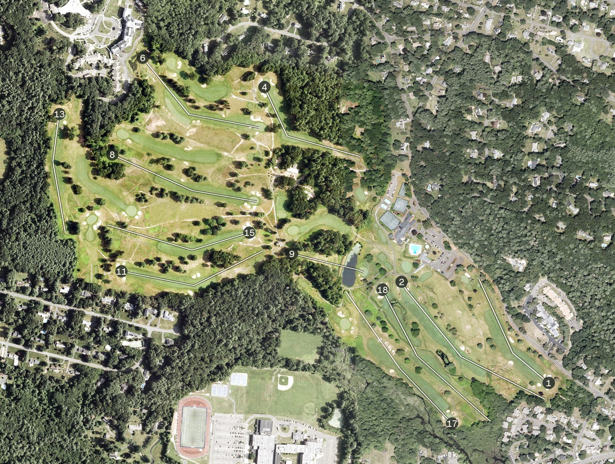 Aerial view of Hopmeadow Country Club, CT, with its hole routing marked