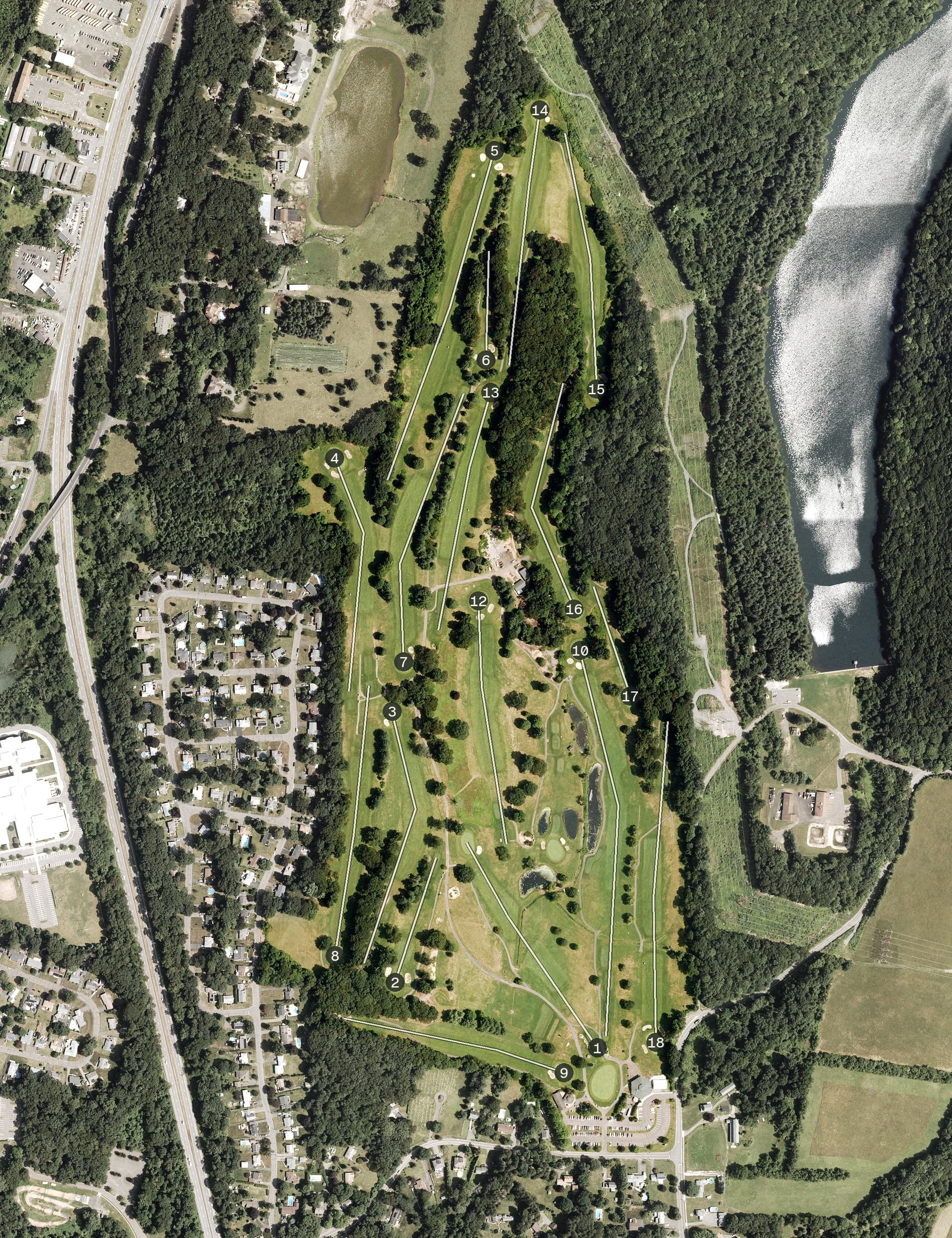Aerial view of Hunter Memorial Golf Course, CT, with its hole routing marked